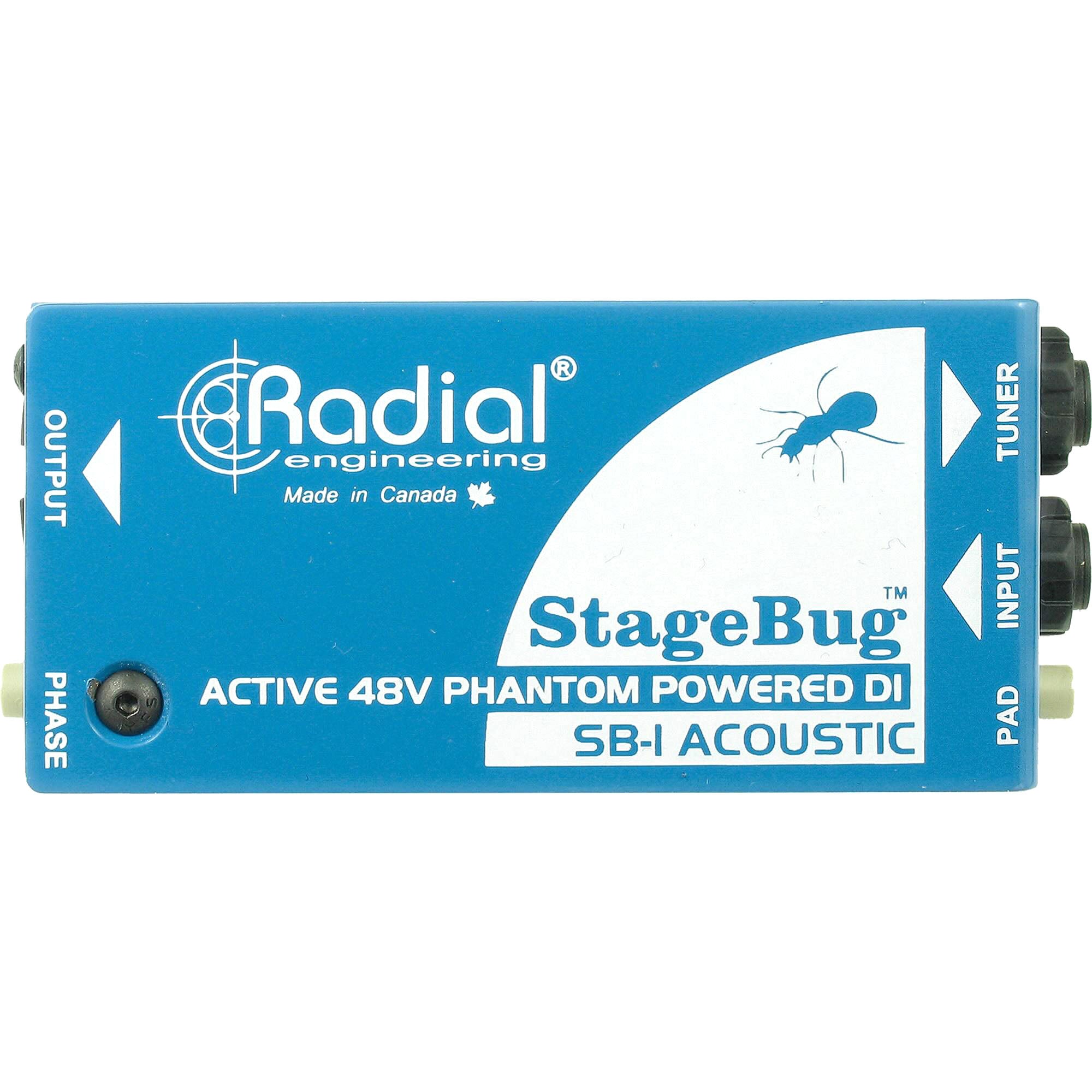 Radial StageBug SB-1 Active DI Box, top view. Displays compact chassis with 1/4" input, thru, and XLR output, featuring a -15dB pad and ground lift switch for high-quality active direct injection of acoustic guitars and basses