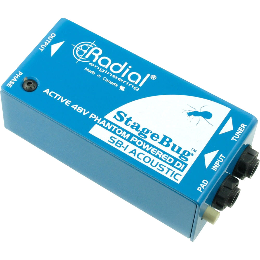 Radial StageBug SB-1 Active DI Box, angled top view. Displays compact chassis with 1/4" input, thru, and XLR output, featuring a -15dB pad and ground lift switch for high-quality active direct injection of acoustic guitars and basses