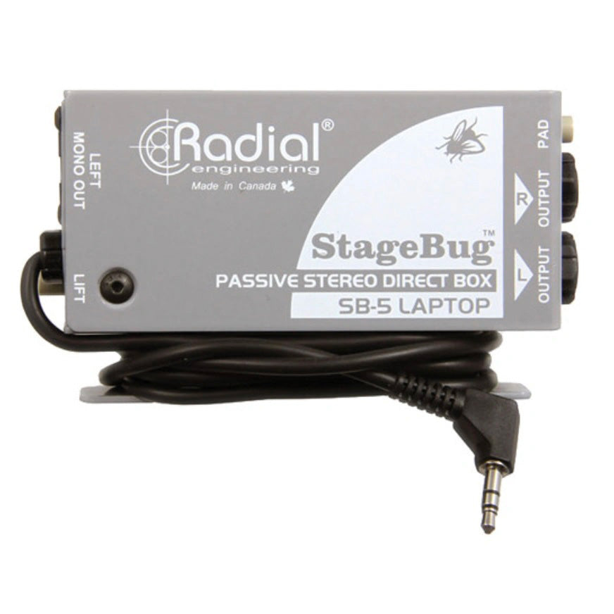 Radial StageBug SB-5 Stereo Laptop DI, top view. Features a compact design with a hardwired 3.5mm stereo input cable with a cable cleat for storage, stereo output with a mono output jack, a -15dB pad and ground lift switch, for connecting laptops and phones to a PA system.