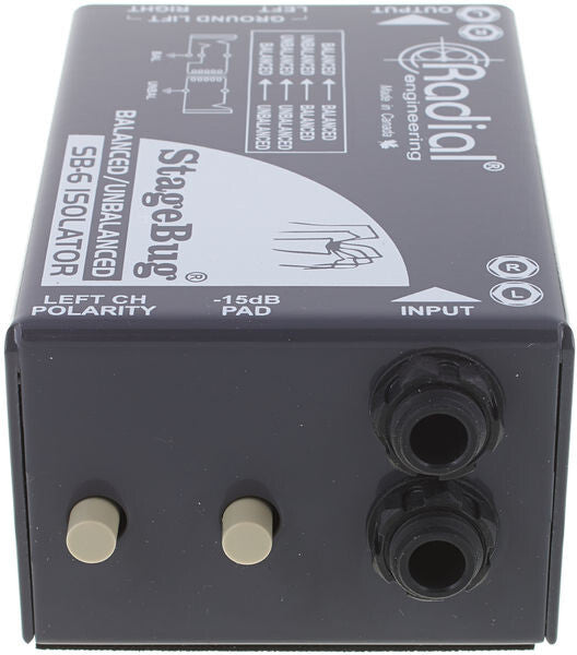 Radial StageBug SB-6 2-channel Line Isolator, side view showing inputs, -15db pad and left channel polarity switch.