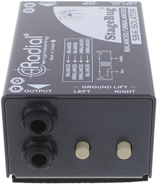 Radial StageBug SB-6 2-channel Line Isolator, side view showing outputs and ground lift buttons.