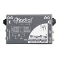 Radial StageBug SB-6 2-channel Line Isolator, top view. Displays compact chassis with two sets of 1/4" TRS inputs and outputs, featuring ground lift, polarity and pad switches. designed to provide transformer isolation and eliminate ground loop hum and noise from line-level audio signals.