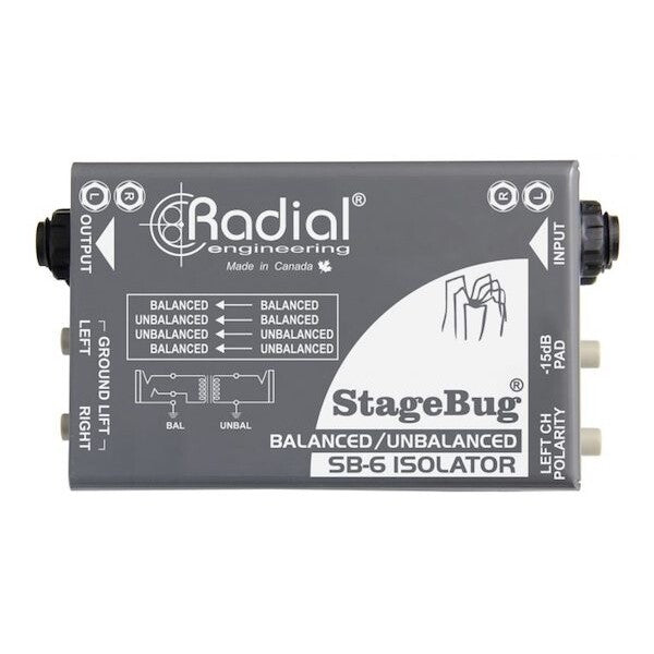 Radial StageBug SB-6 2-channel Line Isolator, top view. Displays compact chassis with two sets of 1/4" TRS inputs and outputs, featuring ground lift, polarity and pad switches. designed to provide transformer isolation and eliminate ground loop hum and noise from line-level audio signals.