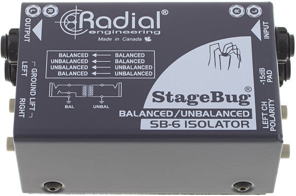 Radial StageBug SB-6 2-channel Line Isolator, top view. Displays compact chassis with two sets of 1/4" TRS inputs and outputs, featuring ground lift, polarity and pad switches. designed to provide transformer isolation and eliminate ground loop hum and noise from line-level audio signals.