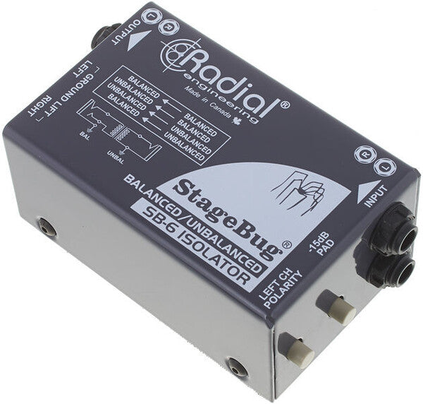 Radial StageBug SB-6 2-channel Line Isolator, angled top view. Displays compact chassis with two sets of 1/4" TRS inputs and outputs, featuring ground lift, polarity and pad switches. designed to provide transformer isolation and eliminate ground loop hum and noise from line-level audio signals.
