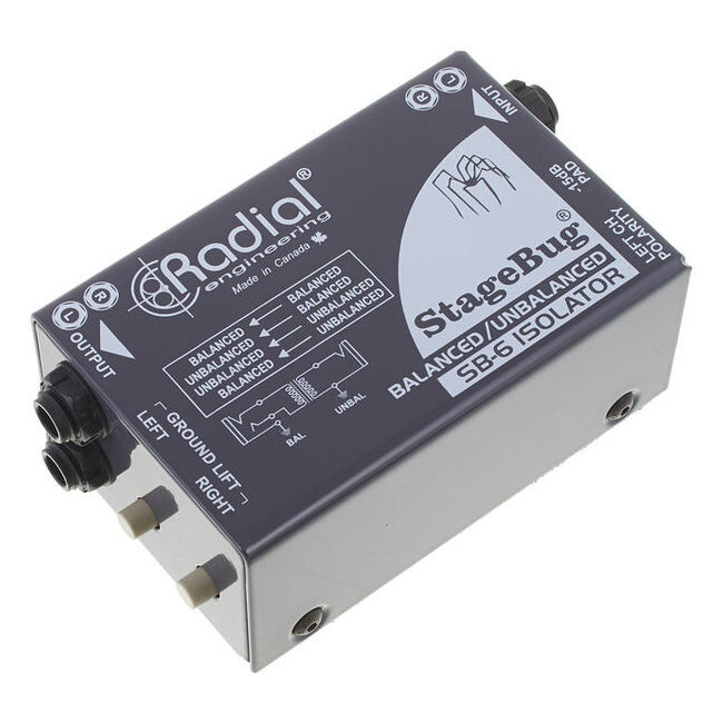 Radial StageBug SB-6 2-channel Line Isolator, angled top view. Displays compact chassis with two sets of 1/4" TRS inputs and outputs, featuring ground lift, polarity and pad switches. designed to provide transformer isolation and eliminate ground loop hum and noise from line-level audio signals.