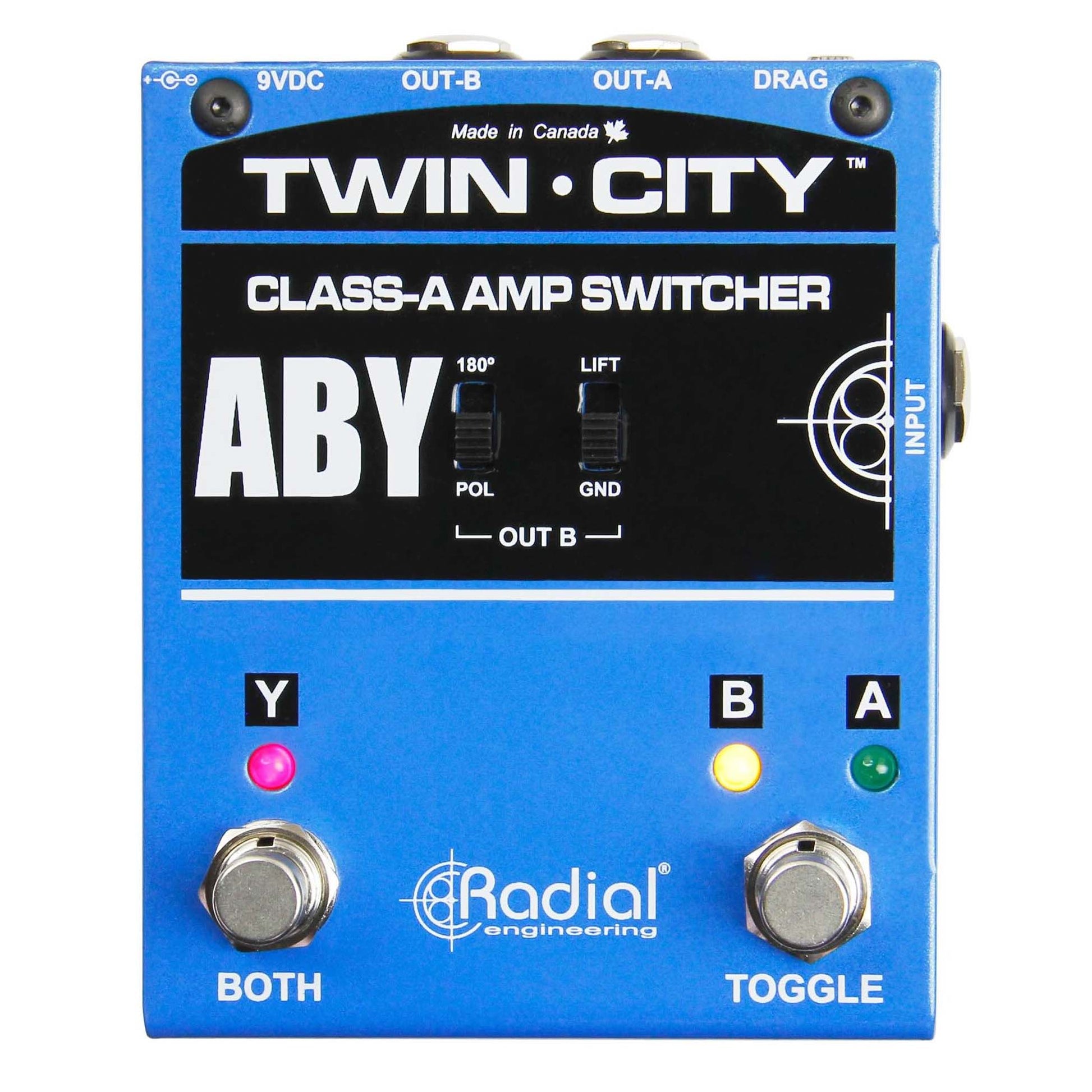 Radial Twin City Class A Active ABY Switcher, top view. Displays two latching footswitches for A/B and Y modes, LEDs for status, and controls for a buffer, ground lift, load correction and polarity reverse for high-quality signal routing to two amplifiers.