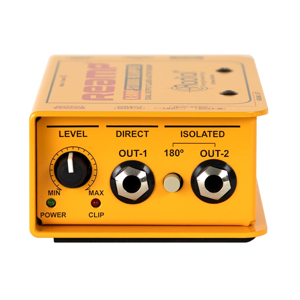 Radial X-Amp 1-in 2-out Active Re-Amping Device, side view shwoing level knob, power and clip LEDs, direct and irolated outputs and polarity switch.