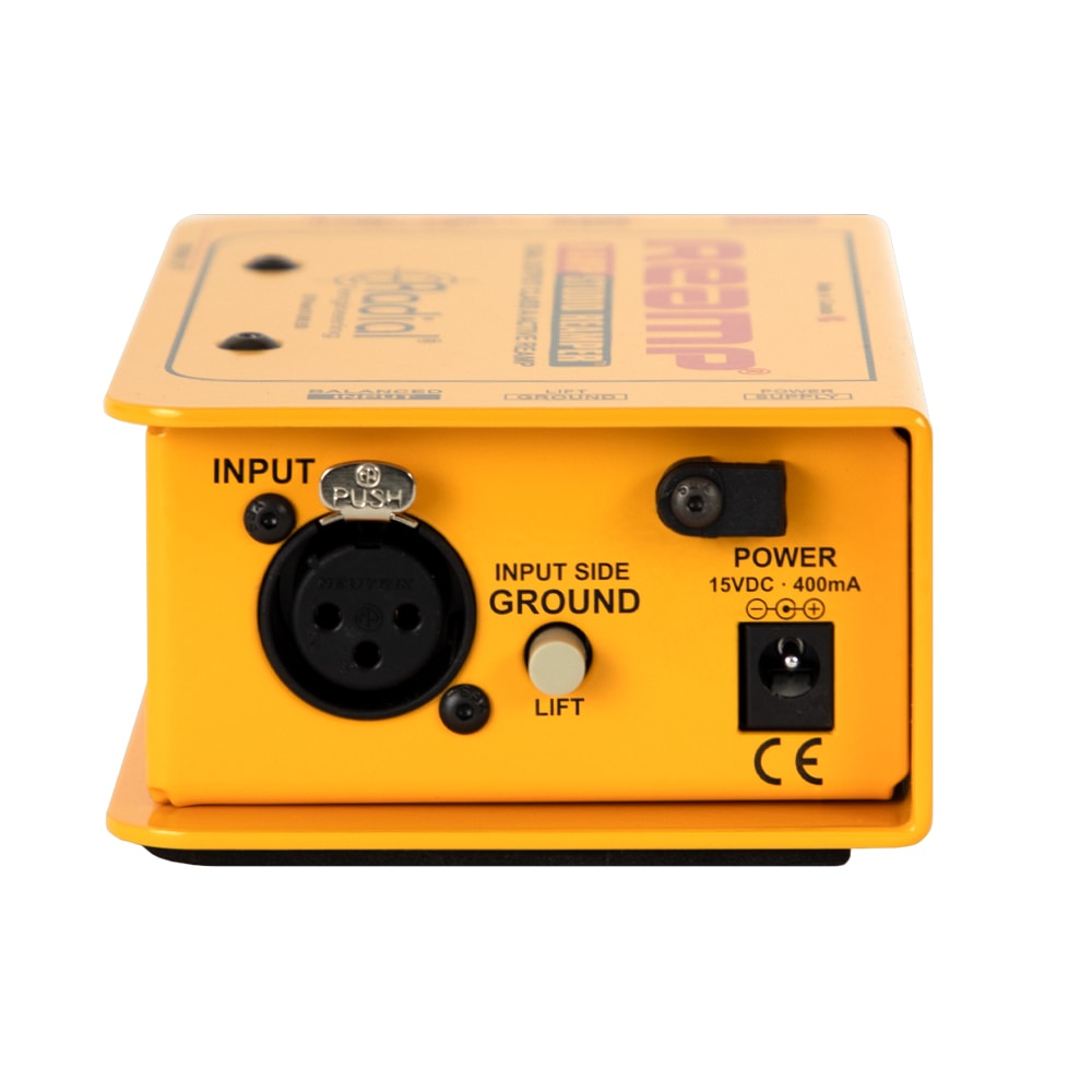 Radial X-Amp 1-in 2-out Active Re-Amping Device, side view showing XLR input, input side ground lift and power input.