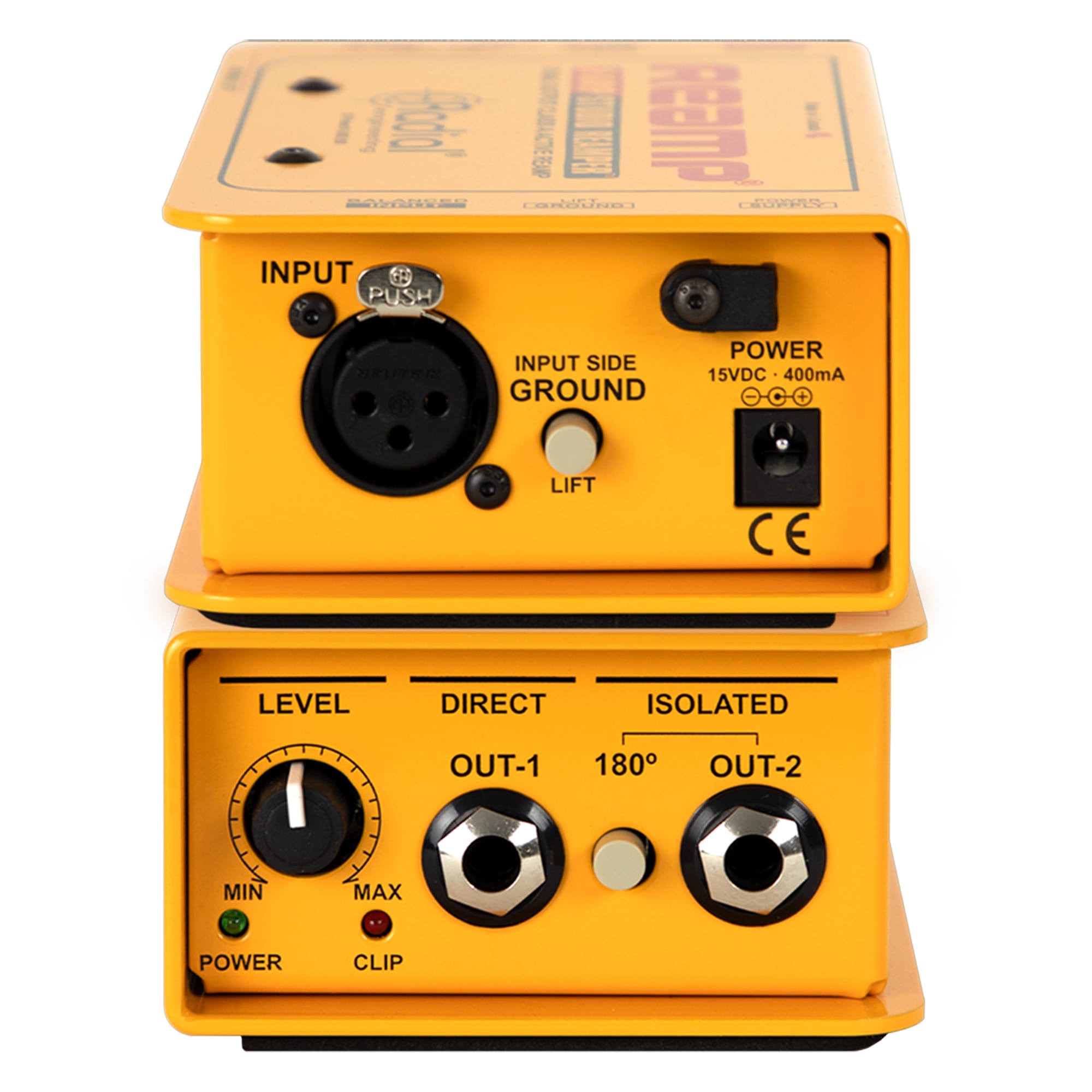 Radial X-Amp 1-in 2-out Active Re-Amping Device, stacked view. Displays robust chassis with balanced XLR input and two 1/4" outputs, featuring controls for level, ground lift, polarity switch, and a Class A buffer for active reamping of recorded tracks through amps.