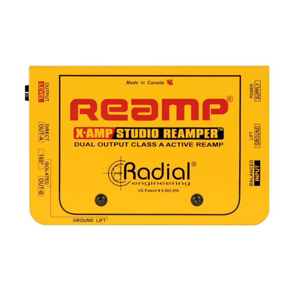 Radial X-Amp 1-in 2-out Active Re-Amping Device, top view. Displays robust chassis with balanced XLR input and two 1/4" outputs, featuring controls for level, ground lift, polarity switch, and a Class A buffer for active reamping of recorded tracks through amps.