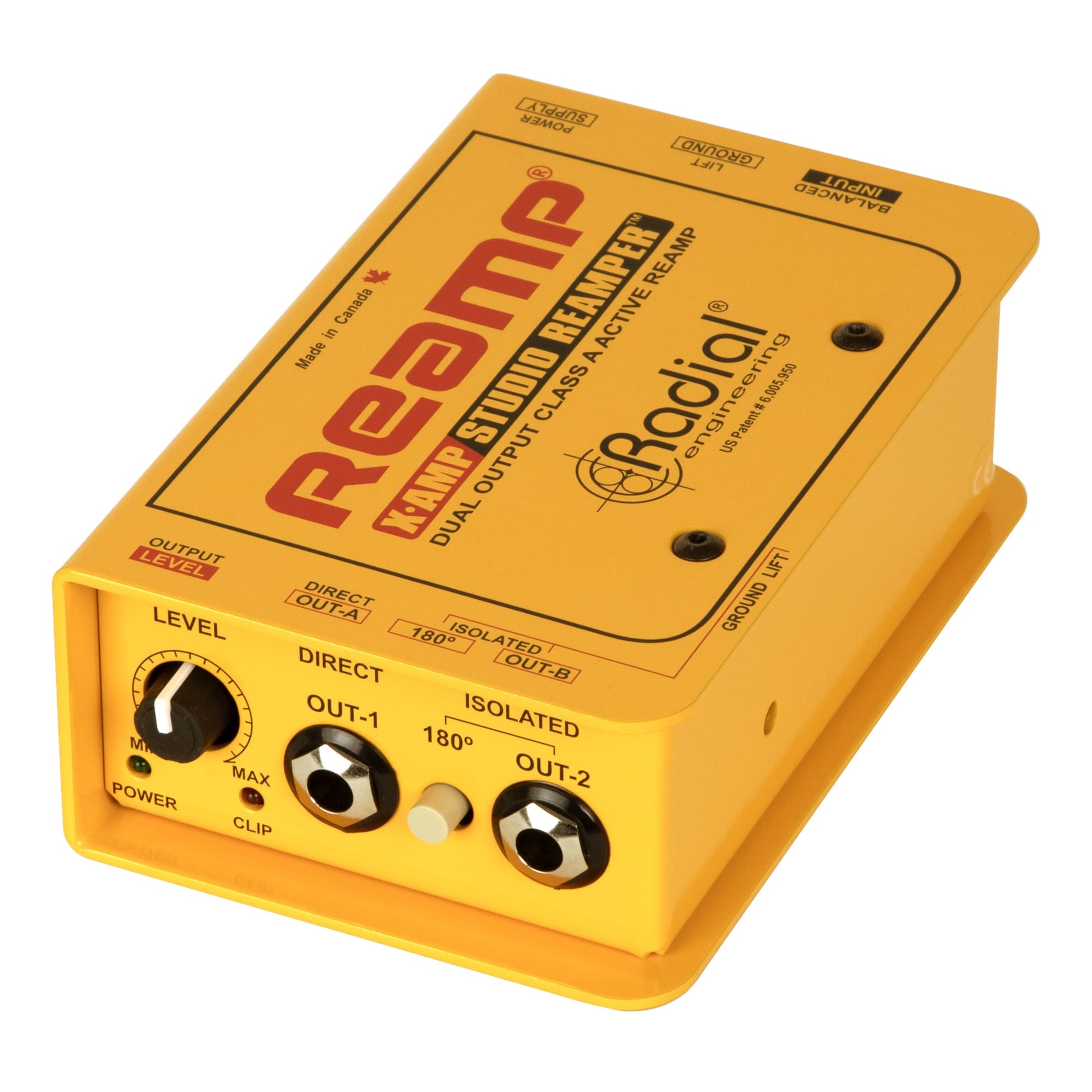 Radial X-Amp 1-in 2-out Active Re-Amping Device, angled top view. Displays robust chassis with balanced XLR input and two 1/4" outputs, featuring controls for level, ground lift, polarity switch, and a Class A buffer for active reamping of recorded tracks through amps.