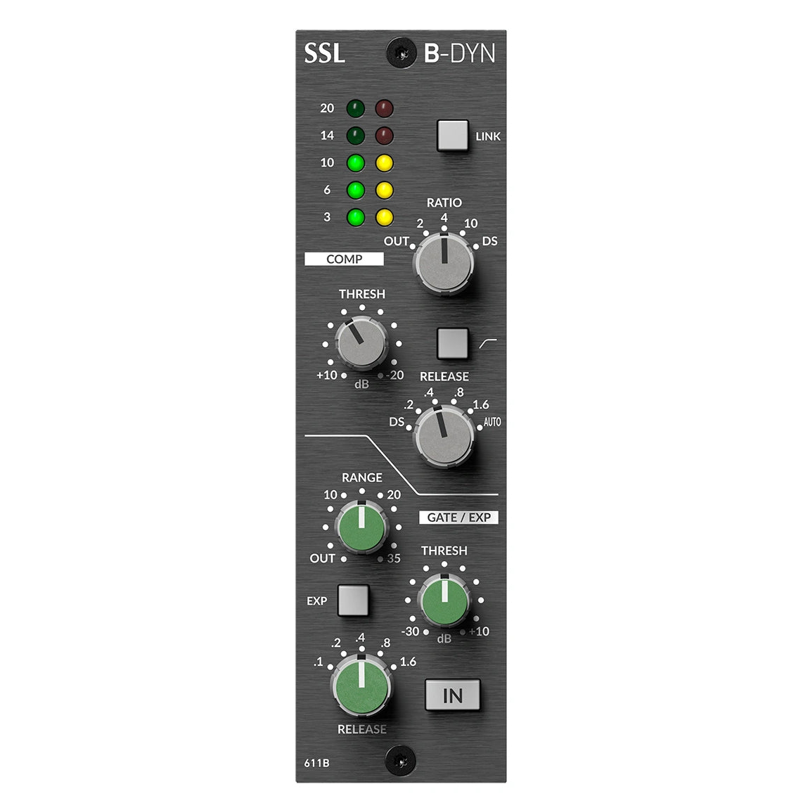 SSL 4KB DYN B-Series Dynamics 500 Series Module, front view. Classic SSL B-Series console compressor/gate with independent controls, delivering aggressive and punchy dynamics.