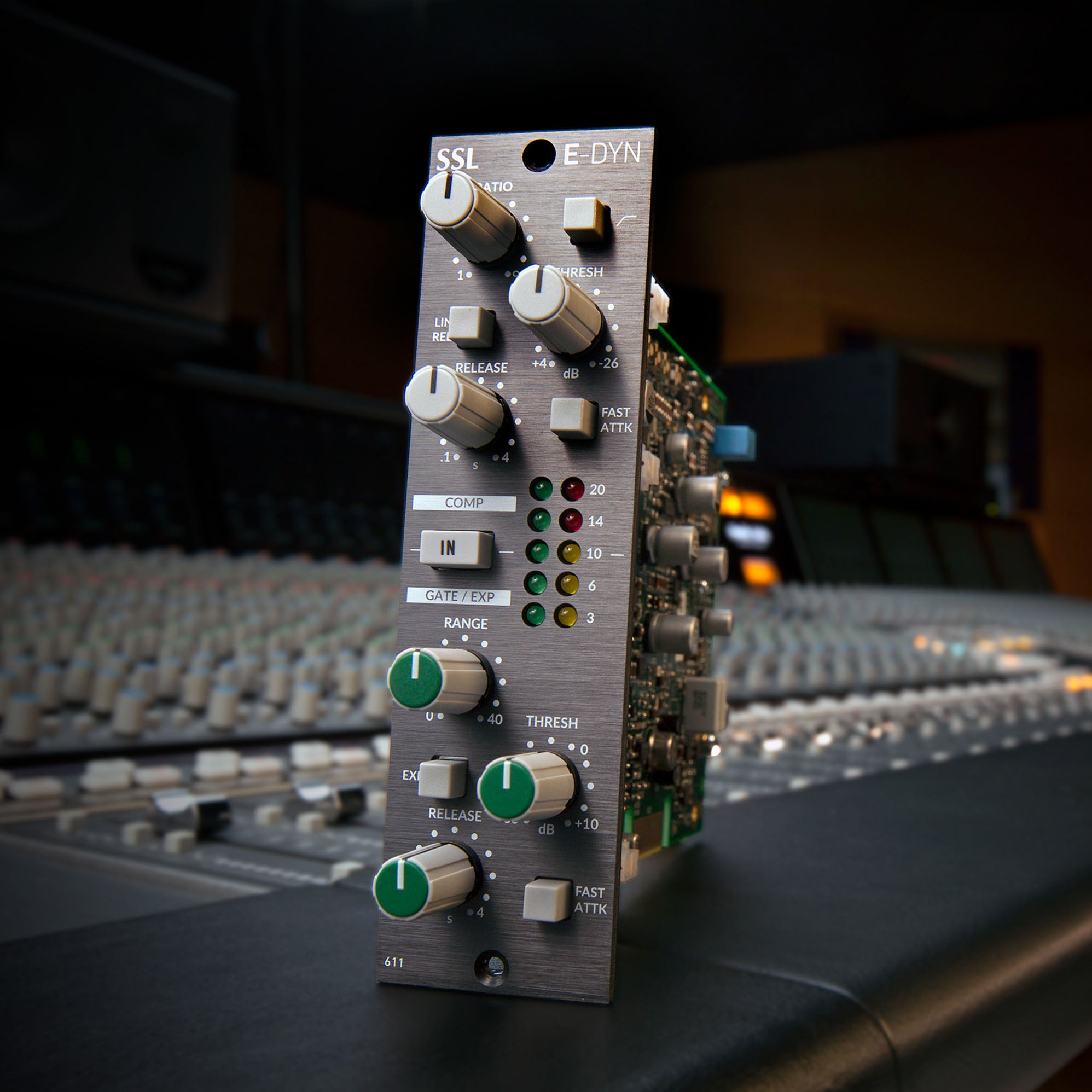 Solid State Logic 611DYN E-DYN MKII 500 Series Dynamics Module, front angled view. Classic SSL E-Series console compressor/gate with dedicated controls for threshold, ratio, attack, release, and gain, perfect for detailed channel dynamics processing.