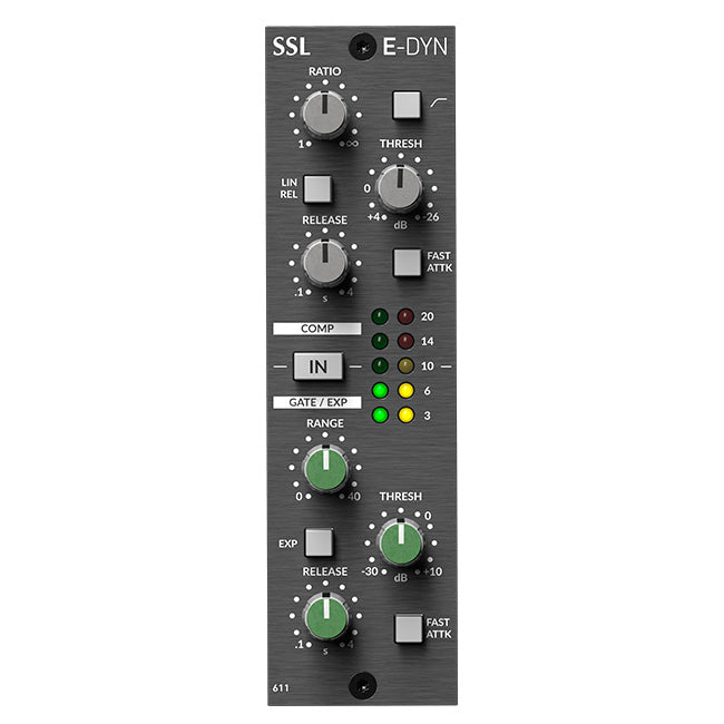 Solid State Logic 611DYN E-DYN MKII 500 Series Dynamics Module, front view. Classic SSL E-Series console compressor/gate with dedicated controls for threshold, ratio, attack, release, and gain, perfect for detailed channel dynamics processing.