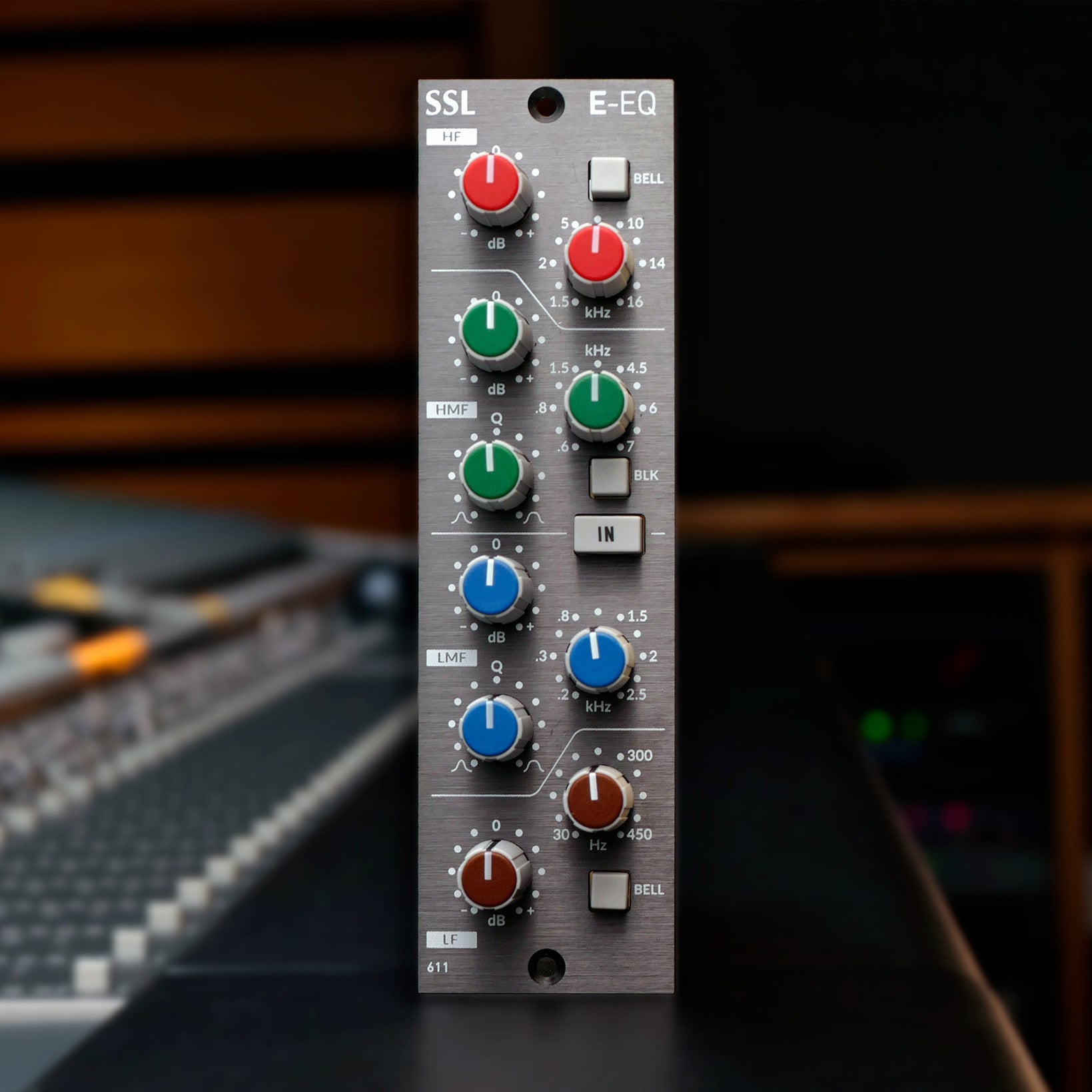 Solid State Logic 611EQ E-EQ MKII 500 Series Parametric Equalizer, front view promo. Classic SSL E-Series console EQ with four bands of parametric and shelving controls, ideal for precise tone shaping.