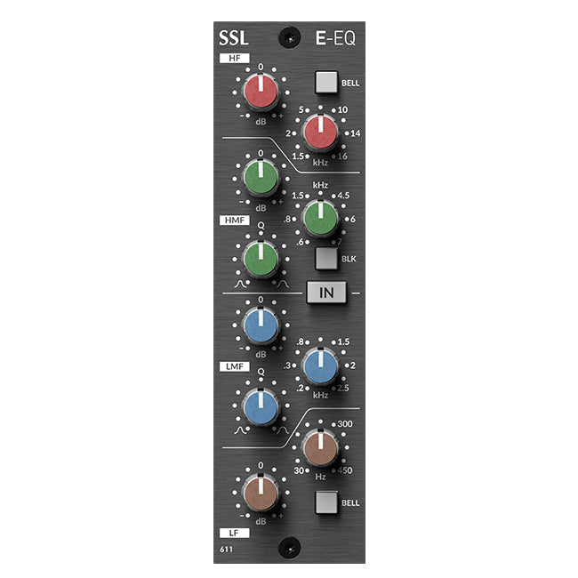 Solid State Logic 611EQ E-EQ MKII 500 Series Parametric Equalizer, front view. Classic SSL E-Series console EQ with four bands of parametric and shelving controls, ideal for precise tone shaping.