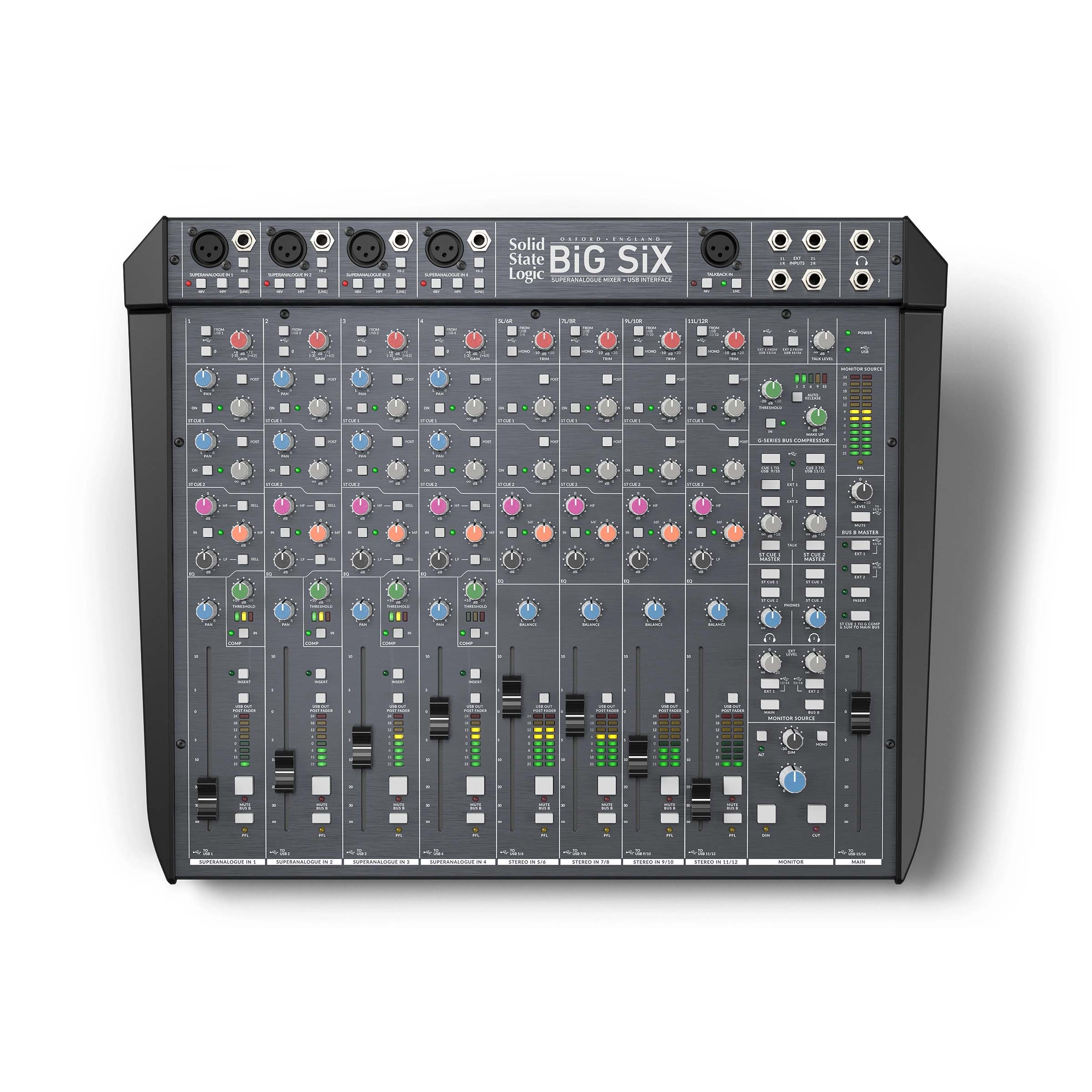 Solid State Logic BiG SiX 18-input Desktop Analog Mixer and Interface, top view, showing its comprehensive control layout with 16 SuperAnalogue inputs, 4 SSL E-Series EQs, faders, and G Series Bus Compressor for professional recording, mixing, including a built in audio interface.