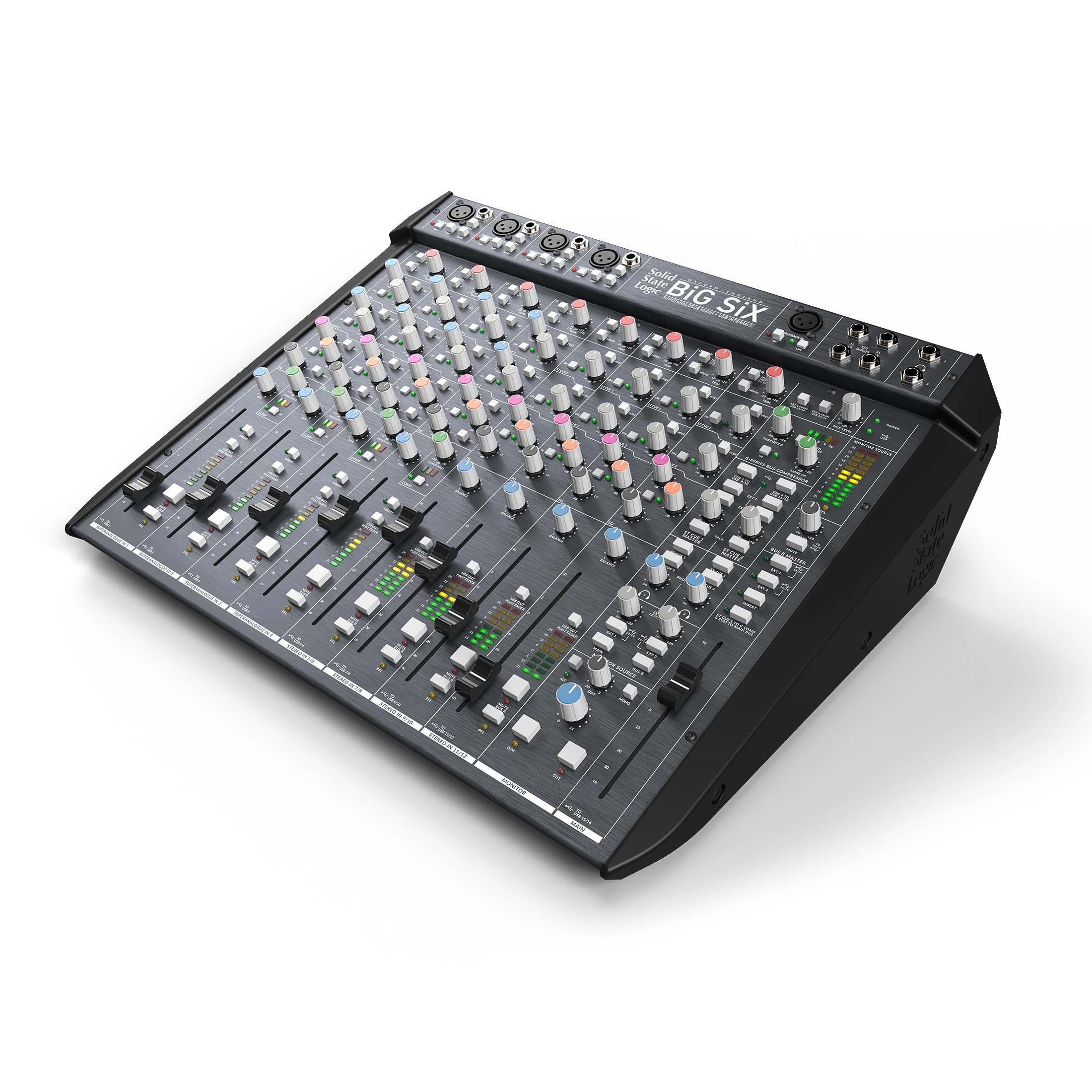 Solid State Logic BiG SiX 18-input Desktop Analog Mixer and Interface, angled top view, showing its comprehensive control layout with 16 SuperAnalogue inputs, 4 SSL E-Series EQs, faders, and G Series Bus Compressor for professional recording, mixing, including a built in audio interface.
