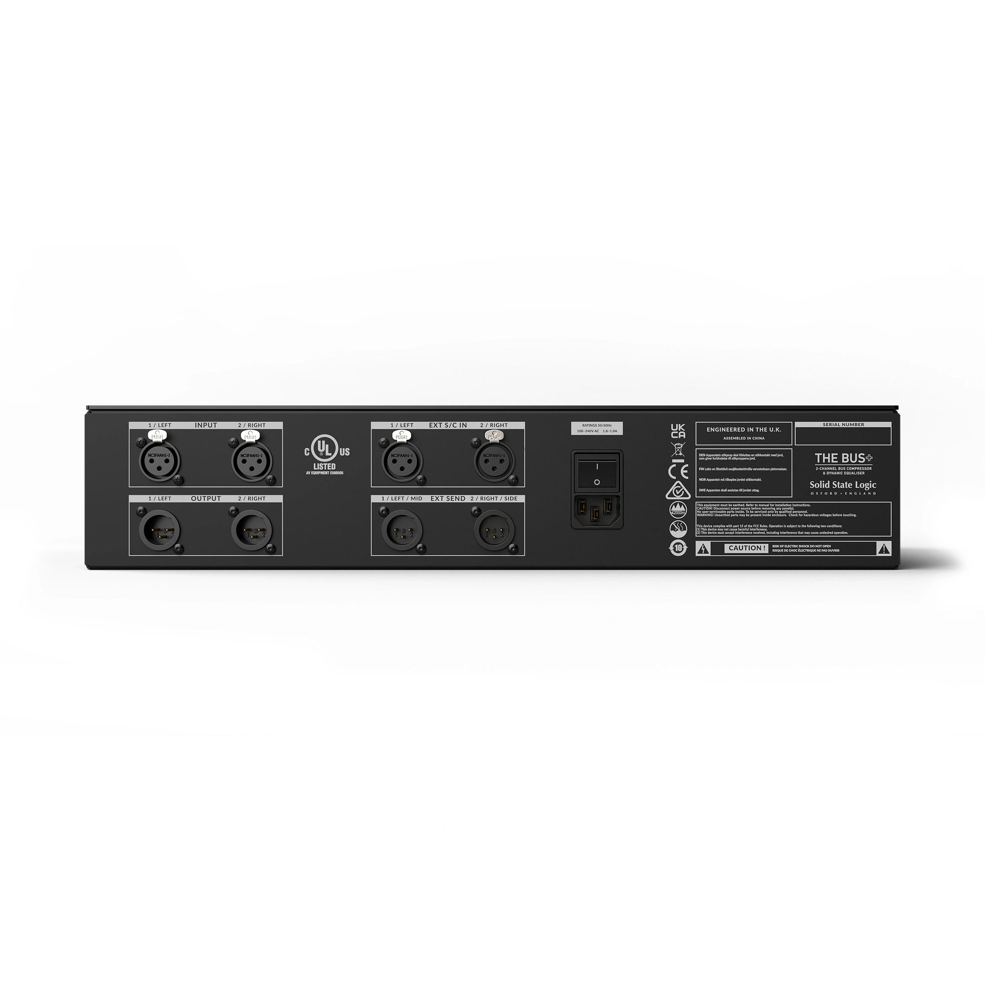 Solid State Logic BUS+ 2-channel Bus Compressor, back view showing XLR inputs and outputs including sends and sidechain.