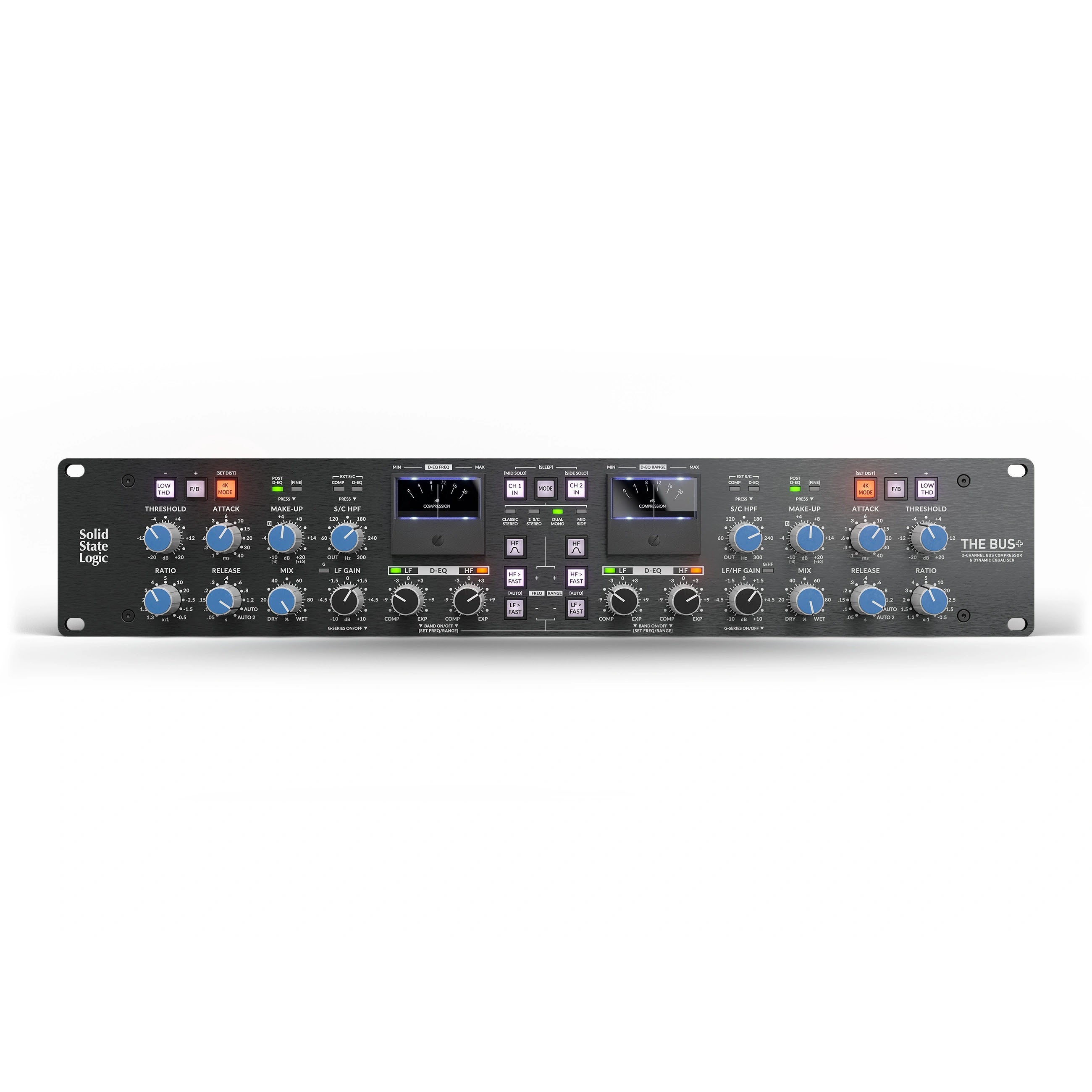 Solid State Logic BUS+ 2-channel Bus Compressor, front view. Iconic G-Series console bus compressor with expanded features, including stepped controls, four compression modes, and a Dynamic EQ, for versatile mix glue, punch, and precise tonal shaping.
