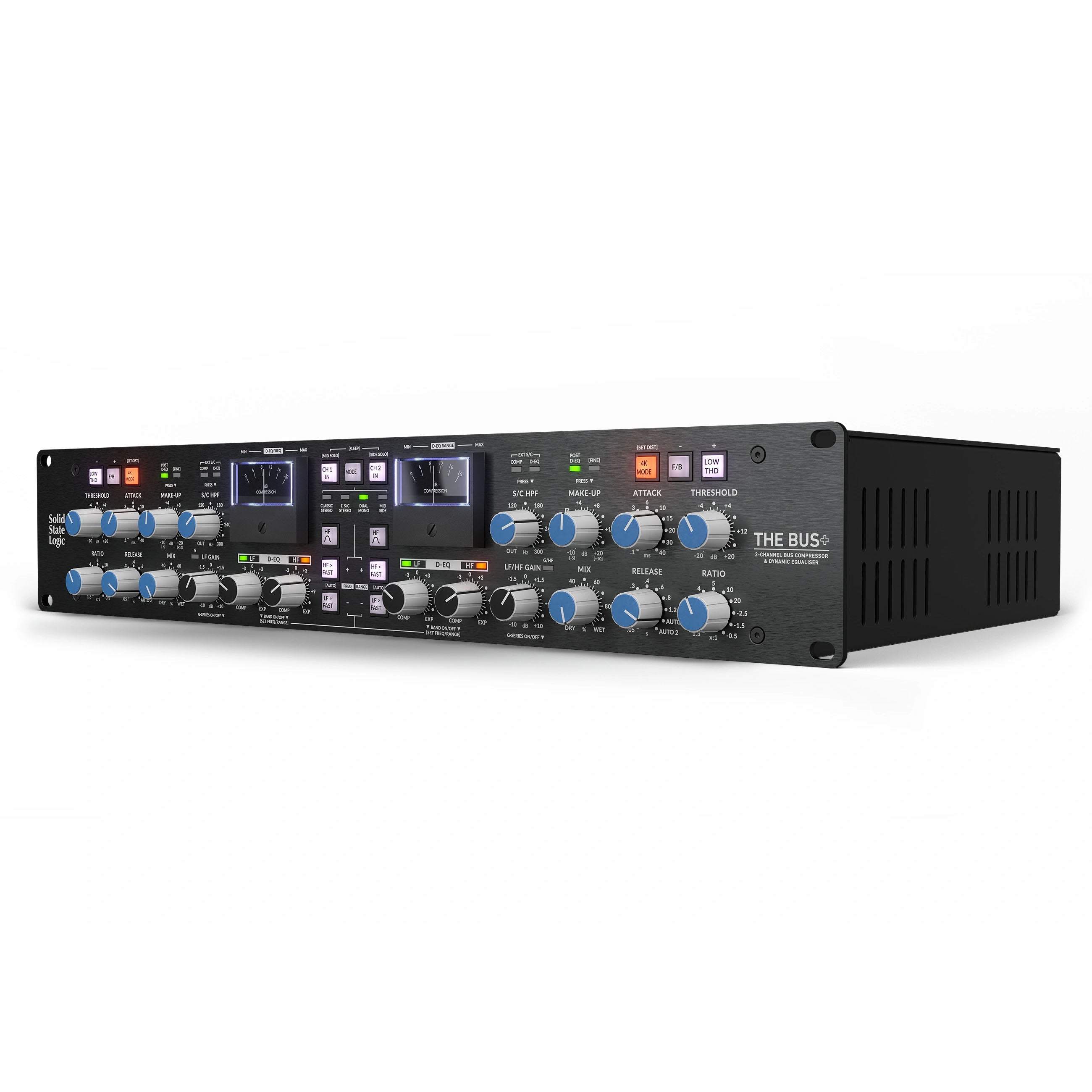Solid State Logic BUS+ 2-channel Bus Compressor, angled front view. Iconic G-Series console bus compressor with expanded features, including stepped controls, four compression modes, and a Dynamic EQ, for versatile mix glue, punch, and precise tonal shaping.