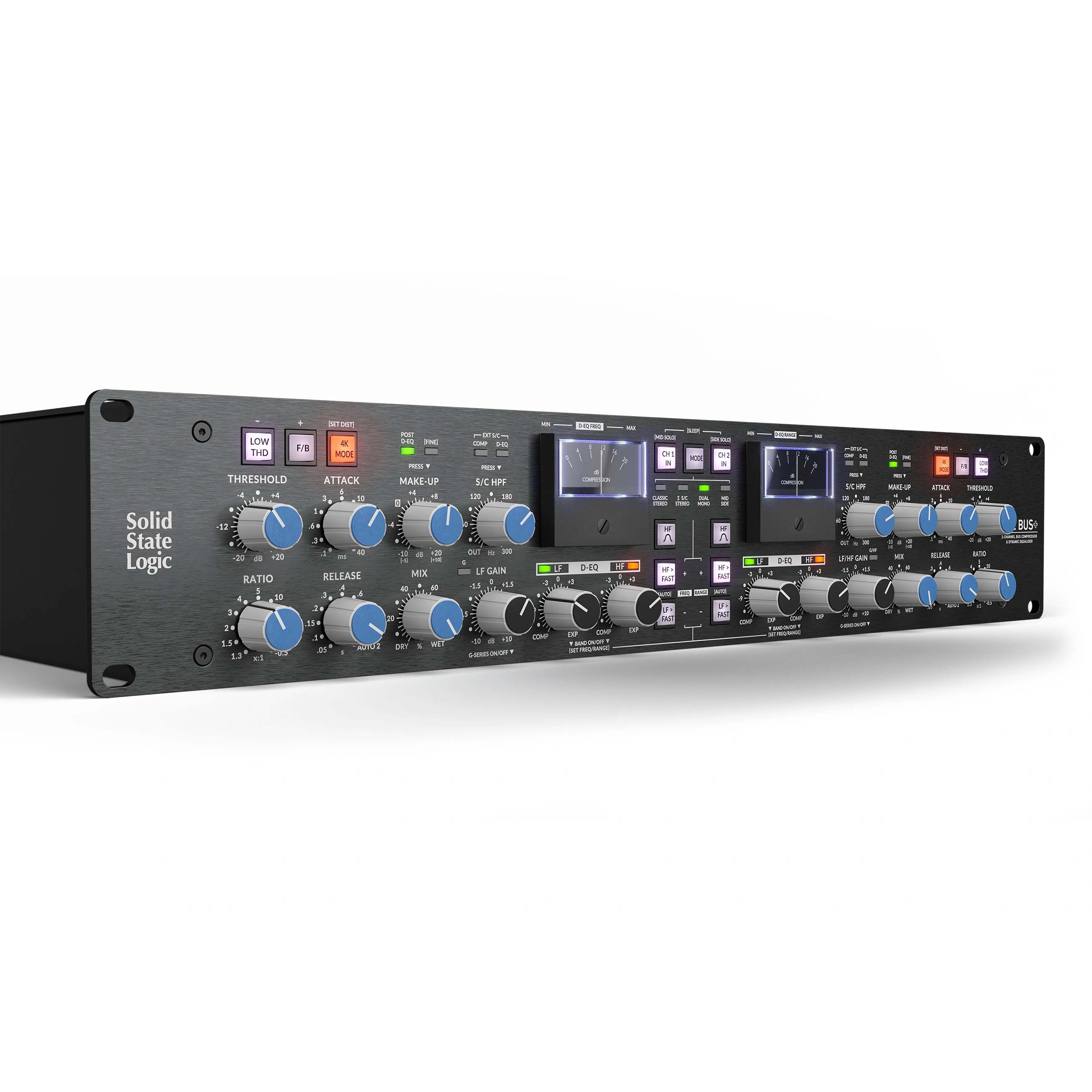 Solid State Logic BUS+ 2-channel Bus Compressor, angled front view. Iconic G-Series console bus compressor with expanded features, including stepped controls, four compression modes, and a Dynamic EQ, for versatile mix glue, punch, and precise tonal shaping.