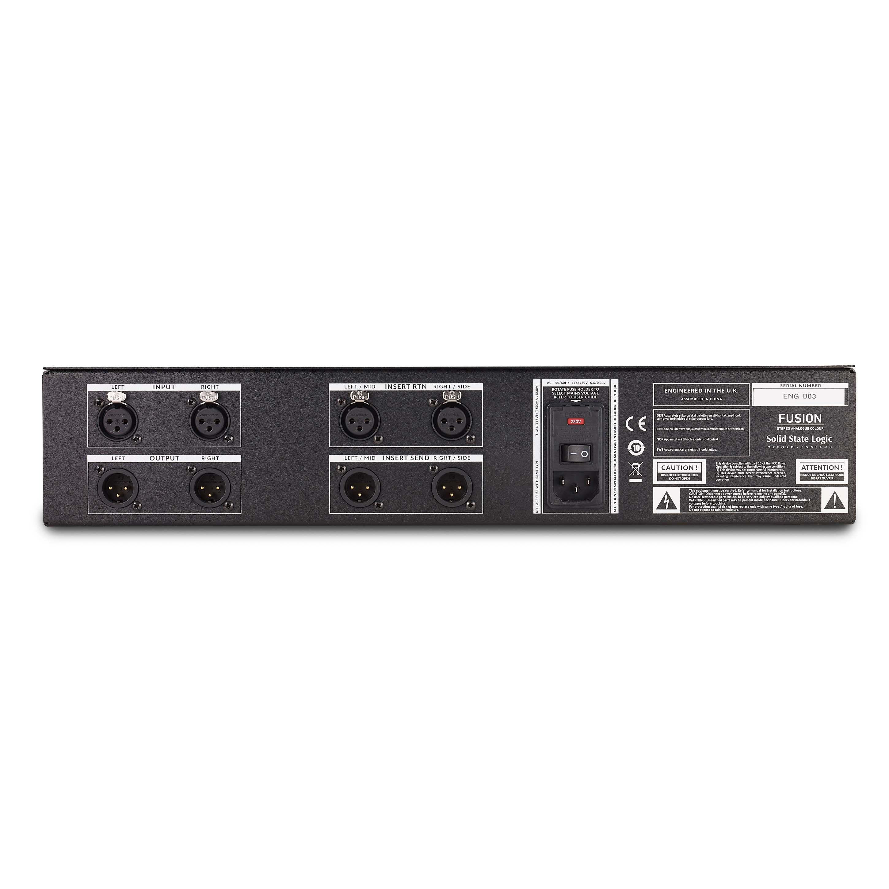 Solid State Logic Fusion analog mastering processor, rear view. Comprehensive I/O including balanced XLR connections and power input.