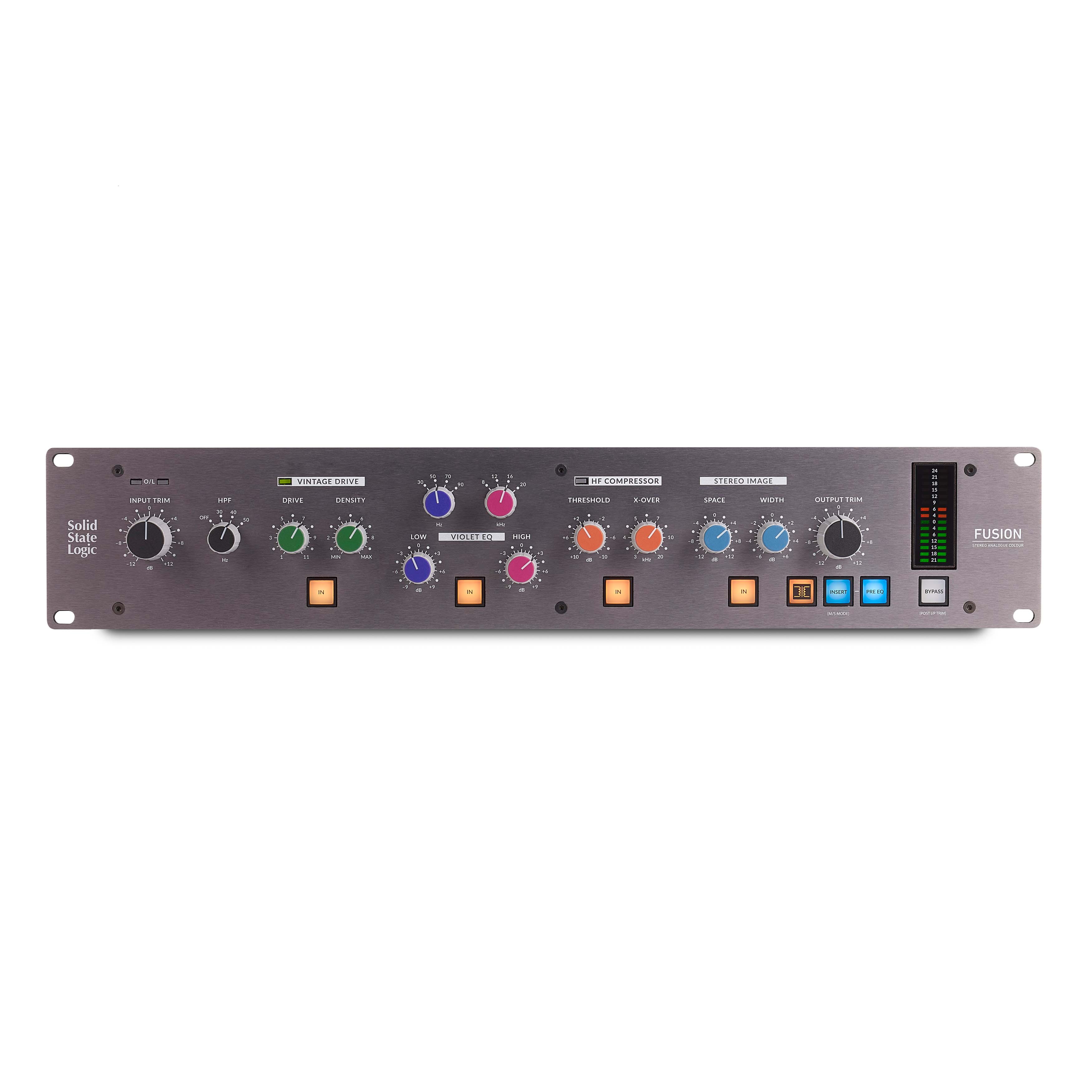 Solid State Logic Fusion analog mastering processor, front view. Displays controls for vintage drive, violet EQ, HF compression, and stereo imaging for adding analog color, width, and punch to mixes.