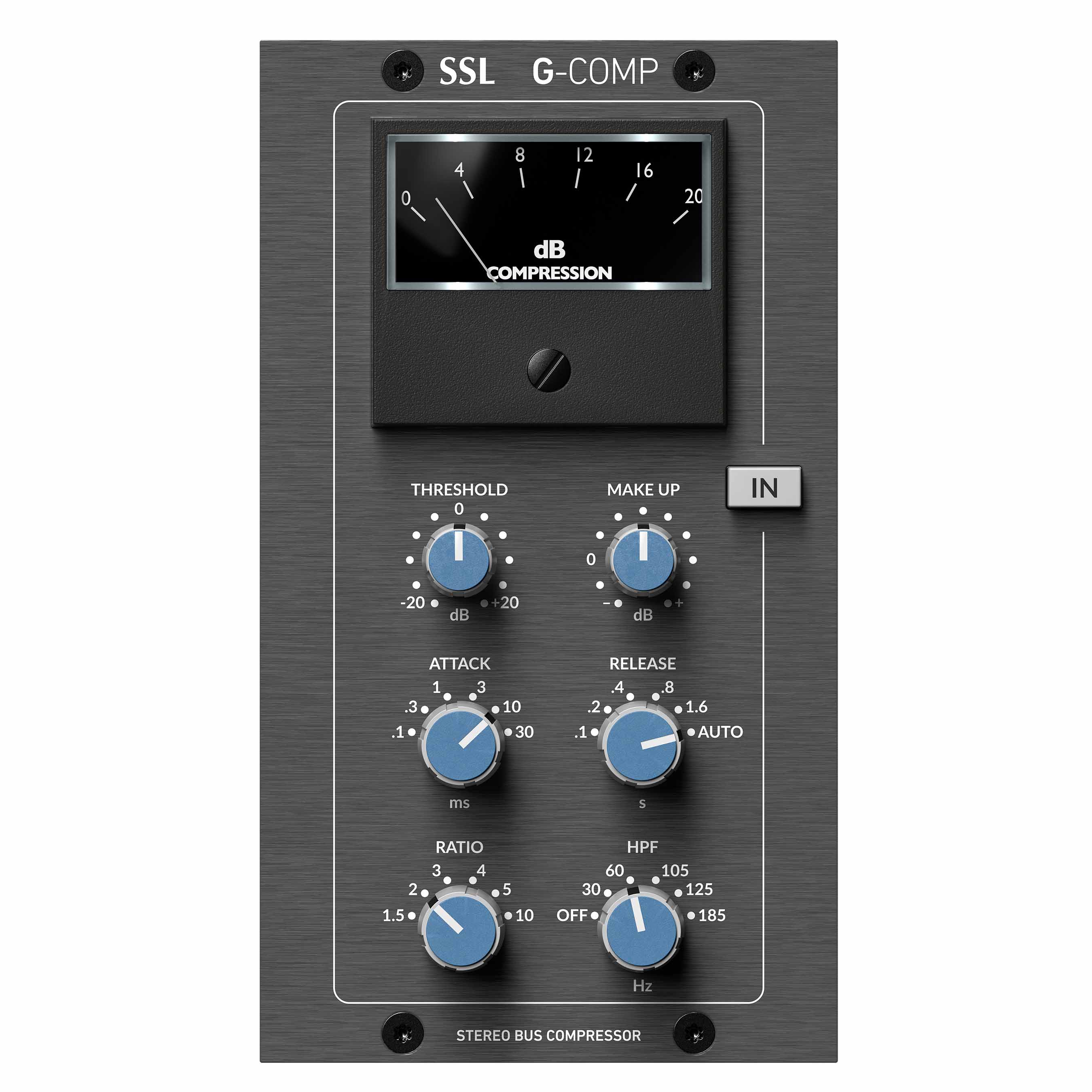 Solid State Logic G-Comp 500 Series Stereo Bus Compressor, front view. Iconic SSL G-Series mix bus module with classic controls and a large meter, delivering legendary mix glue and punch.