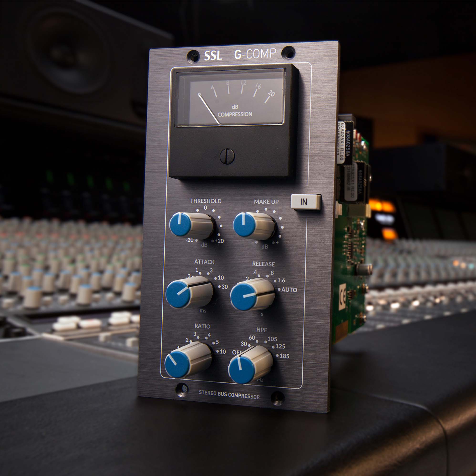 Solid State Logic G-Comp 500 Series Stereo Bus Compressor, front angled view. Iconic SSL G-Series mix bus module with classic controls and a large meter, delivering legendary mix glue and punch.