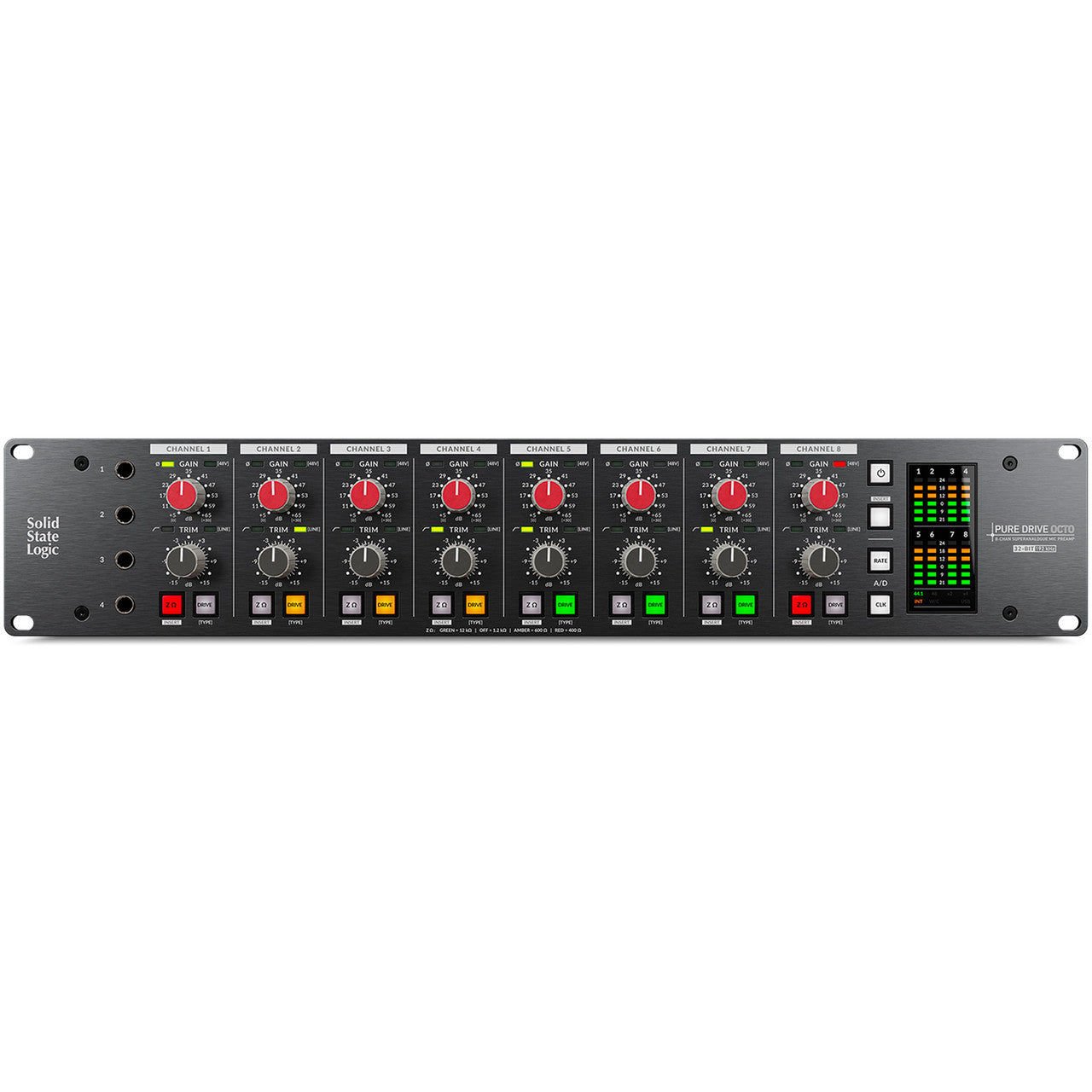 Solid State Logic PUREDRIVE Octo 8-channel mic/line/instrument preamplifier, front view. Professional studio preamps with switchable Drive modes and high quality conversion.