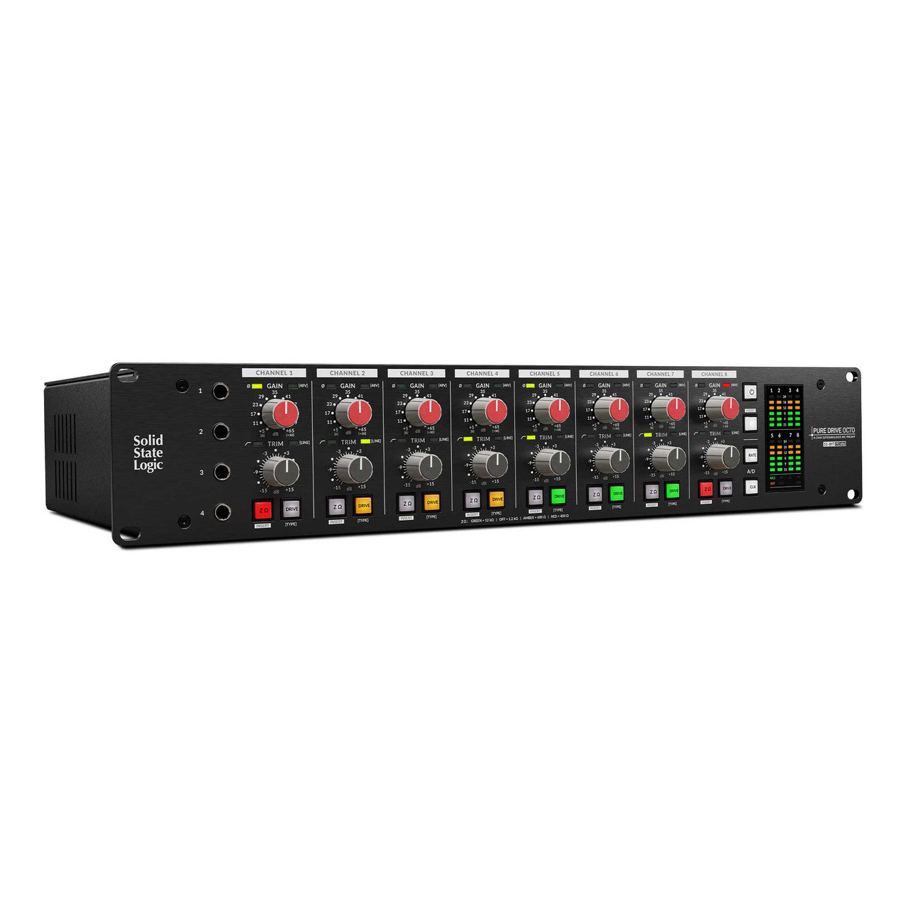 Solid State Logic PUREDRIVE Octo 8-channel mic/line/instrument preamplifier, angled front view. Professional studio preamps with switchable Drive modes and high quality conversion.