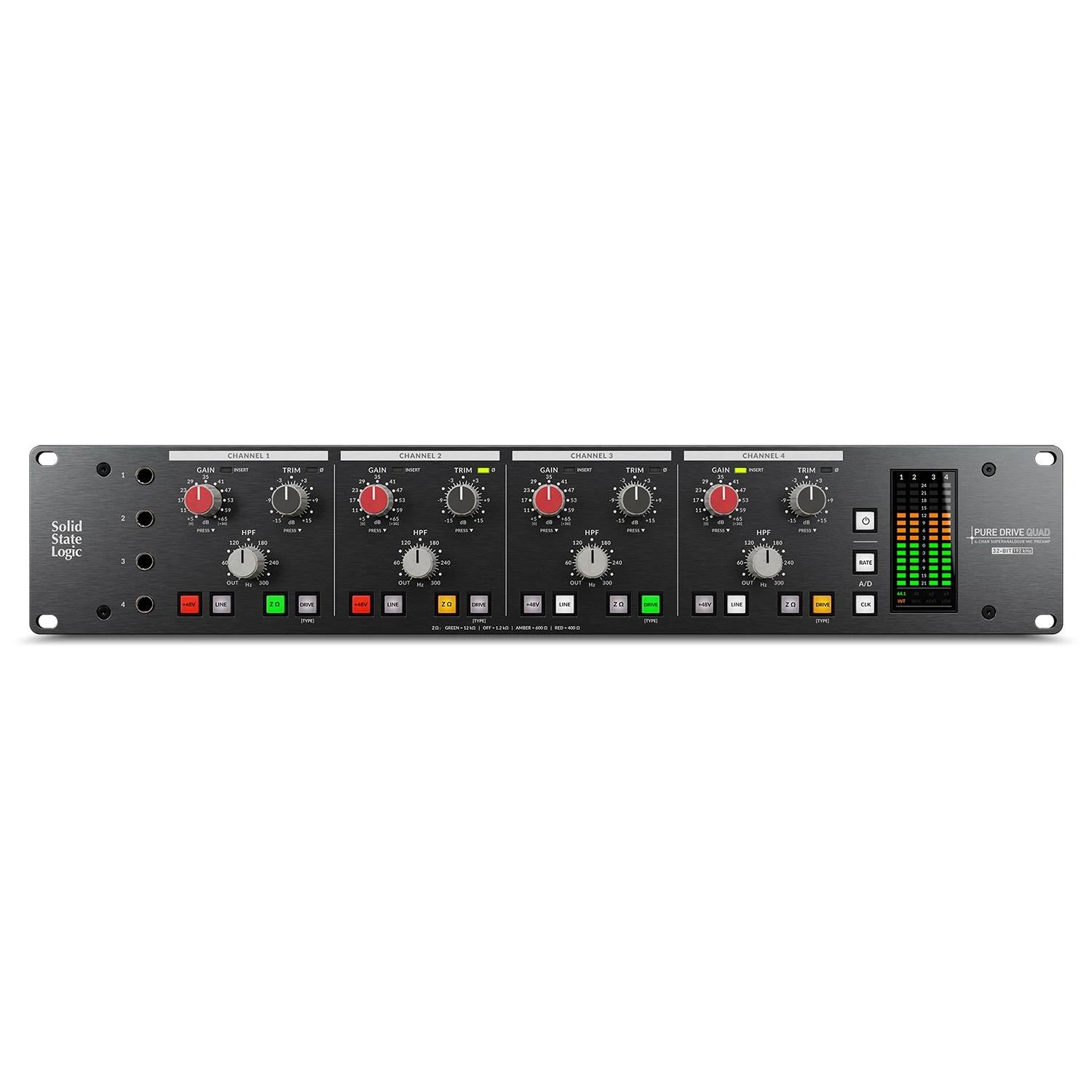 Solid State Logic PUREDRIVE Quad 4-channel mic/line/instrument preamplifier, front view. Professional studio preamps with switchable Drive modes and high quality conversion.