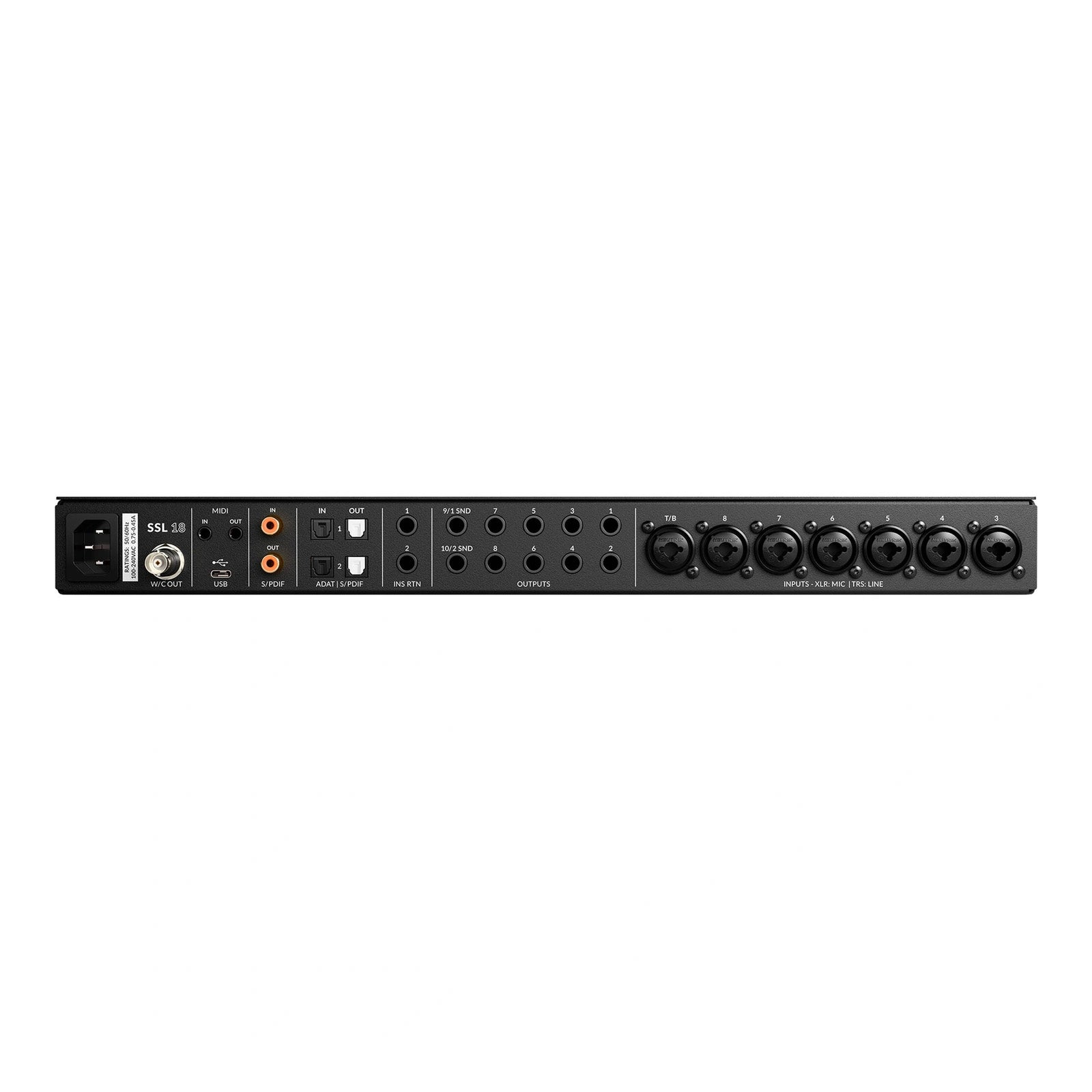 Solid State Logic SSL 18 USB-C Audio Interface, back view. Displays comprehensive analog and digital I/O, including eight XLR/TRS combo inputs, ADAT optical ports, inserts, line outputs, S/PDIF I/O, Midi I/O, world clock, and USB-C for extensive studio connectivity and expansion.