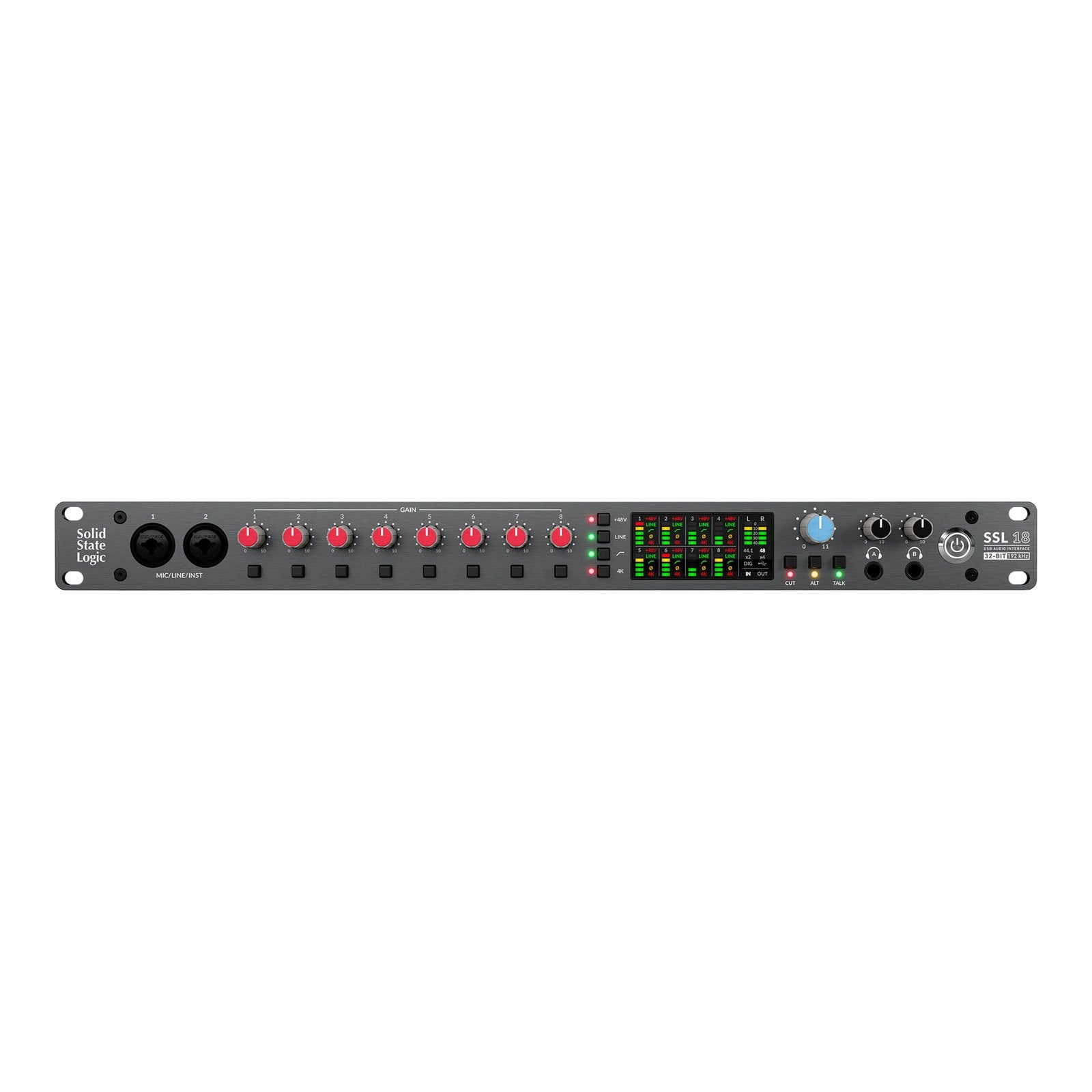Solid State Logic SSL 18 USB-C Audio Interface, front view. Features eight SSL-designed microphone preamps, two Hi-Z inputs, ADAT expansion, dual headphone outputs, and 4K Legacy mode buttons for comprehensive professional studio recording and mixing.
