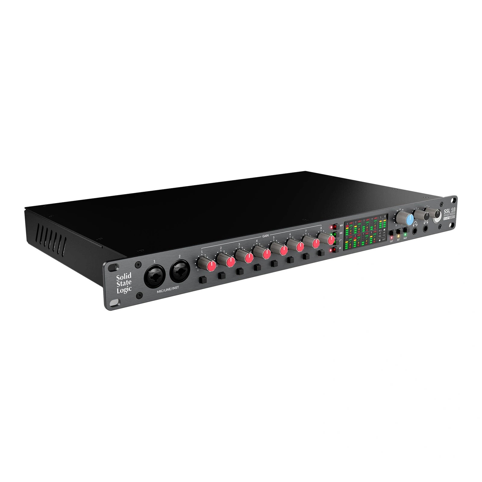 Solid State Logic SSL 18 USB-C Audio Interface, angled front view. Features eight SSL-designed microphone preamps, two Hi-Z inputs, ADAT expansion, dual headphone outputs, and 4K Legacy mode buttons for comprehensive professional studio recording and mixing.