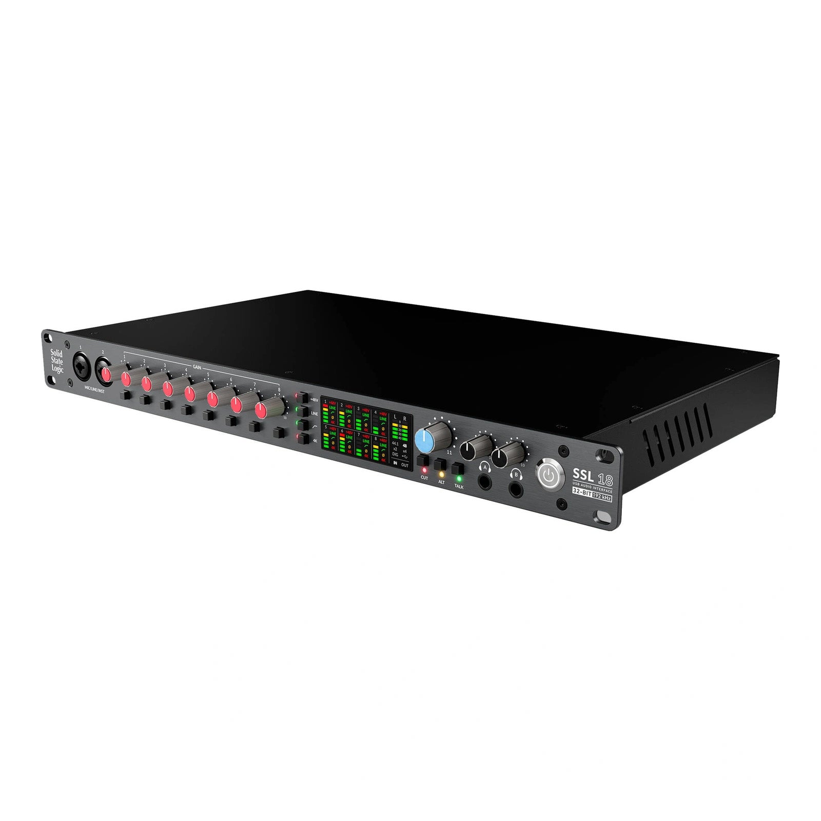 Solid State Logic SSL 18 USB-C Audio Interface, front view. Features eight SSL-designed microphone preamps, two Hi-Z inputs, ADAT expansion, dual headphone outputs, talk back, and 4K Legacy mode buttons.