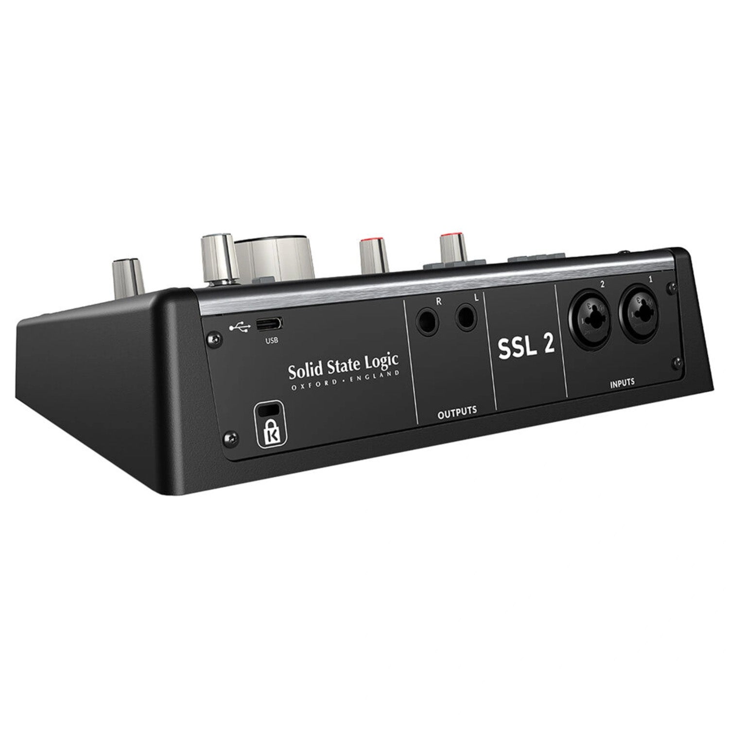 Solid State Logic SSL2+ MKII USB-C Audio Interface, angled back view showing two combo XLR/TRS inputs, main outputs, and USB C connection.
