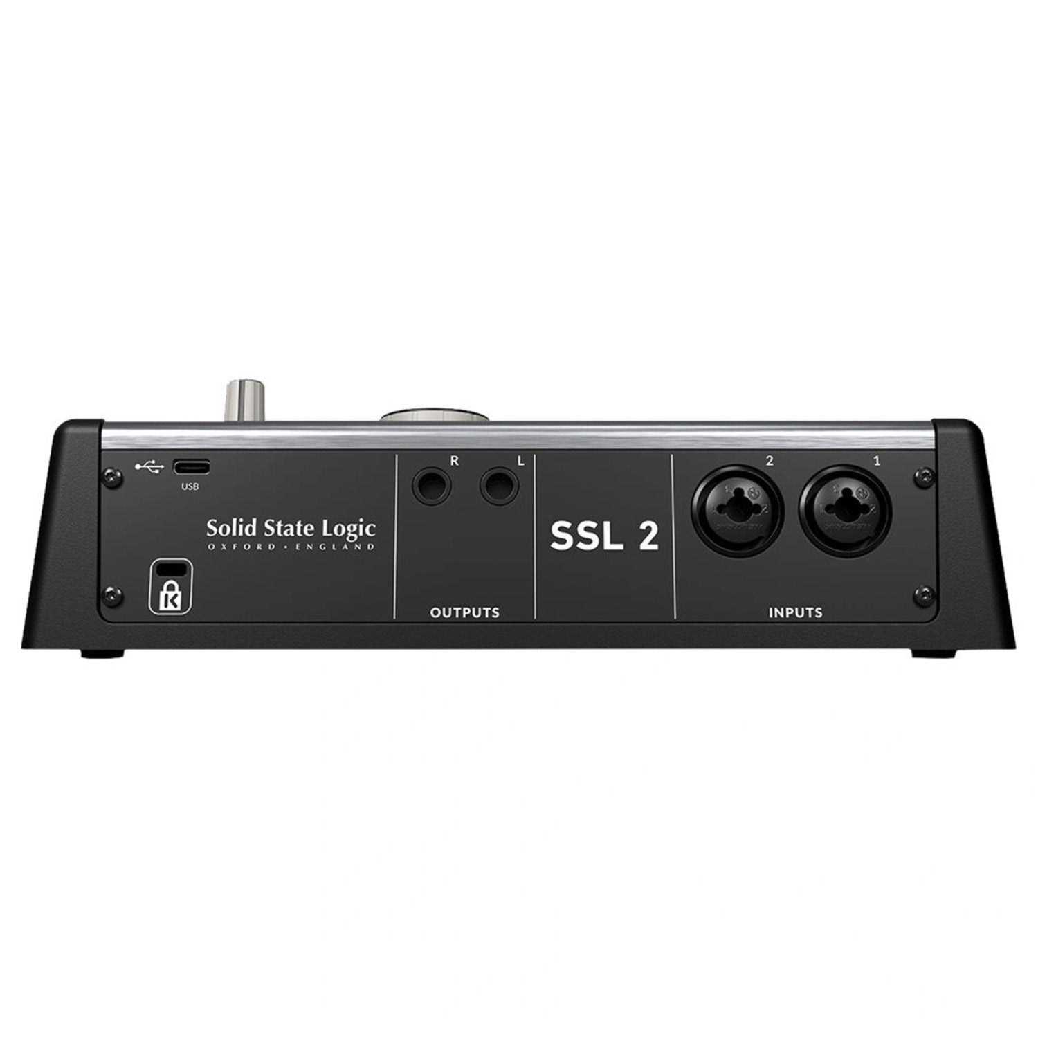 Solid State Logic SSL2+ MKII USB-C Audio Interface, back view showing two combo XLR/TRS inputs, main outputs, and USB C connection.