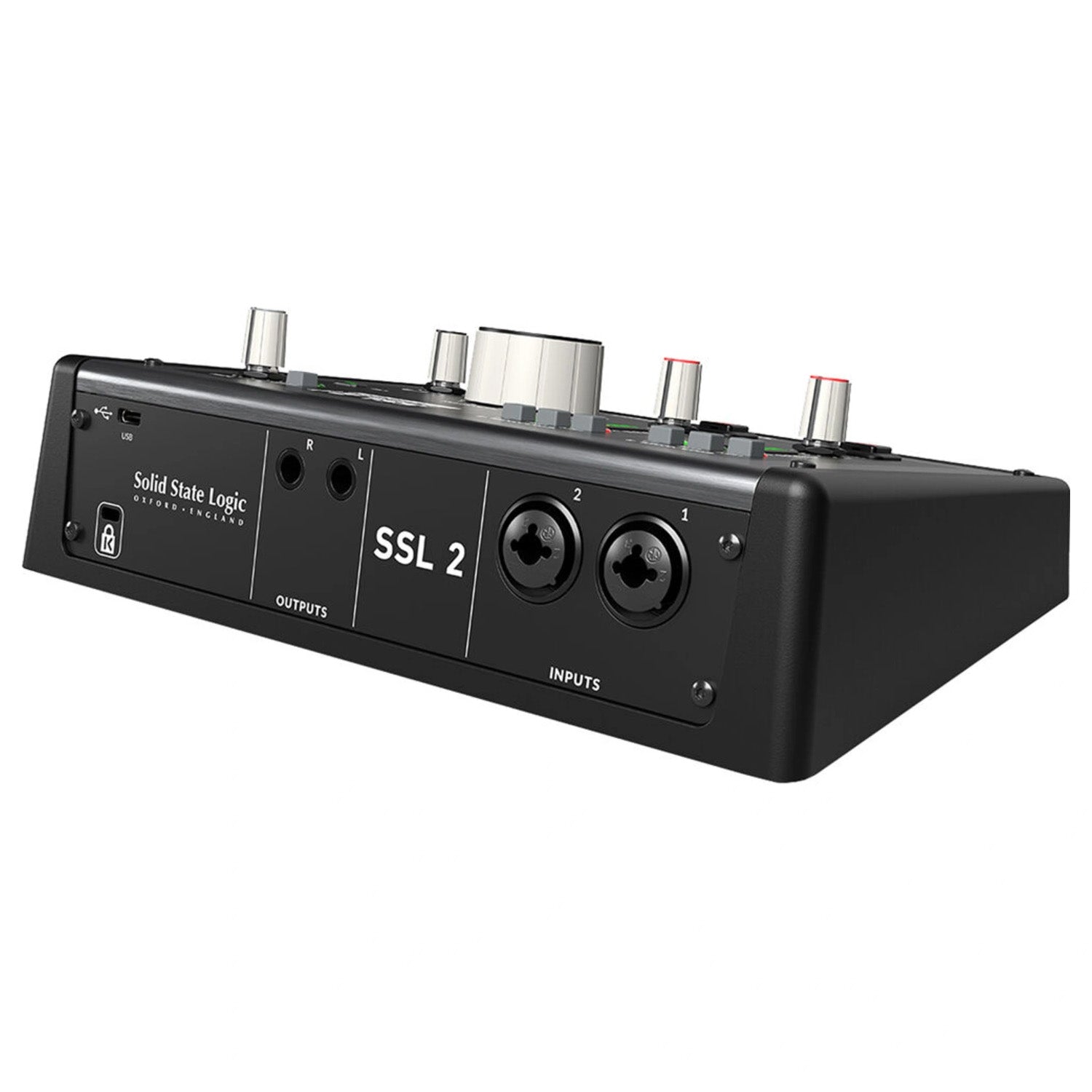 Solid State Logic SSL2+ MKII USB-C Audio Interface, angled back view showing two combo XLR/TRS inputs, main outputs, and USB C connection.