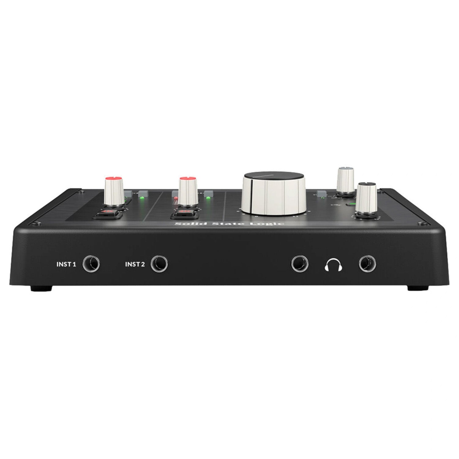 Solid State Logic SSL2+ MKII USB-C Audio Interface, front view showing the two instrument inputs and two headphone outputs.
