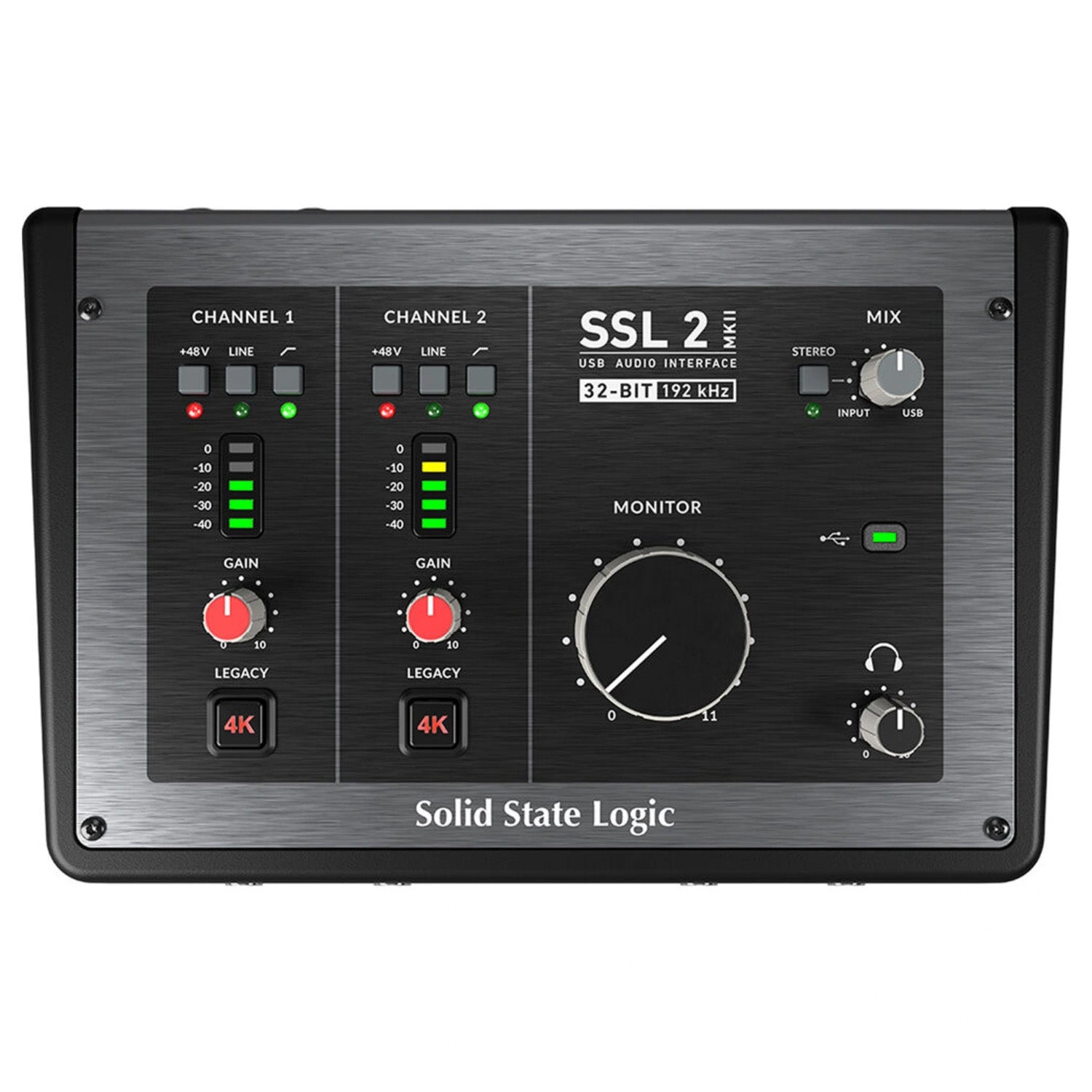 Solid State Logic SSL2+ MKII USB-C Audio Interface, top view. Features two class-leading microphone preamps, 4K Legacy mode, input monitoring, and intuitive controls for professional-grade desktop recording and music production.