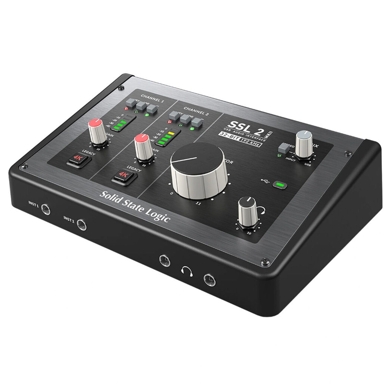 Solid State Logic SSL2+ MKII USB-C Audio Interface, angled top view. Features two class-leading microphone preamps, 4K Legacy mode, input monitoring, and intuitive controls for professional-grade desktop recording and music production.