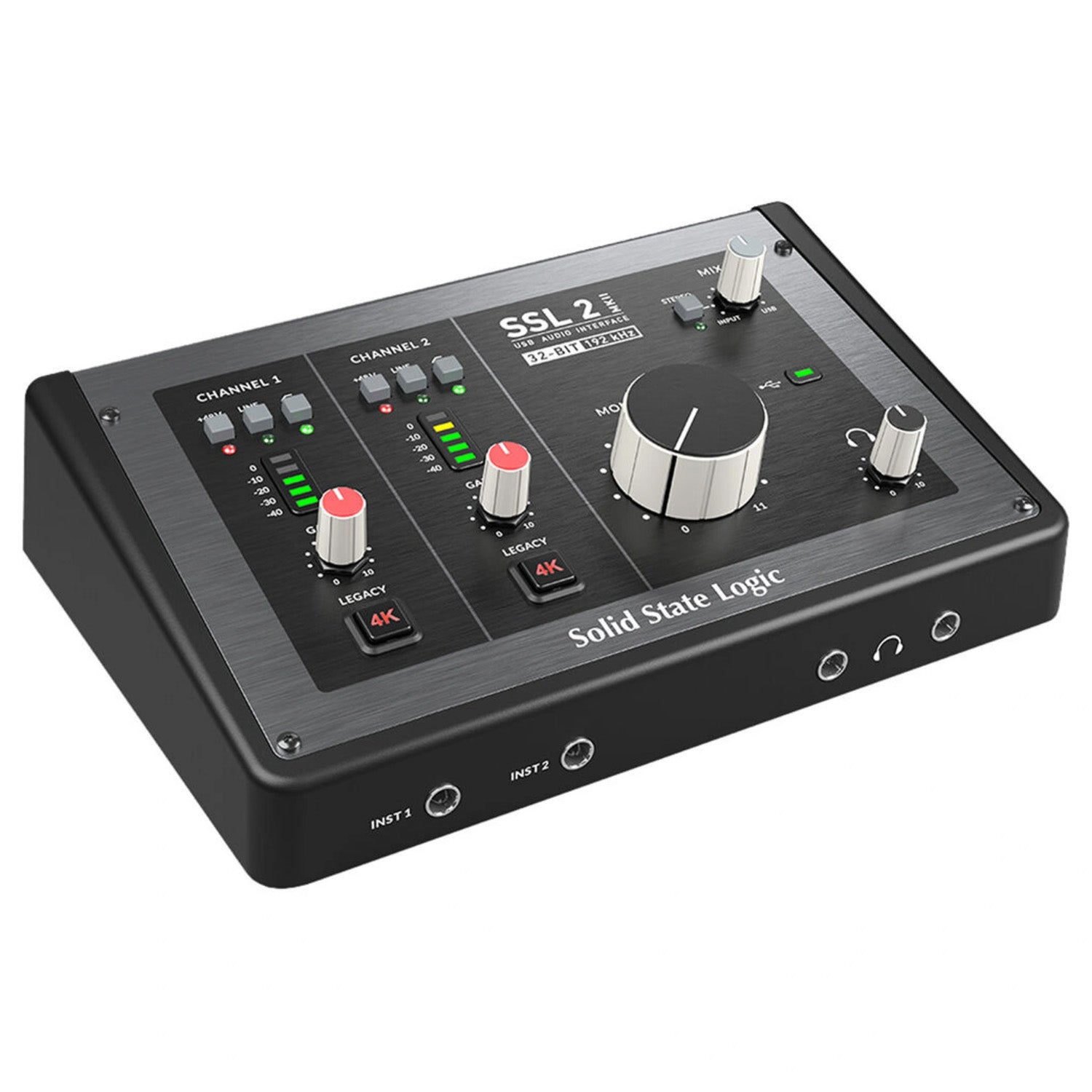 Solid State Logic SSL2+ MKII USB-C Audio Interface, angled top view. Features two class-leading microphone preamps, 4K Legacy mode, input monitoring, and intuitive controls for professional-grade desktop recording and music production.