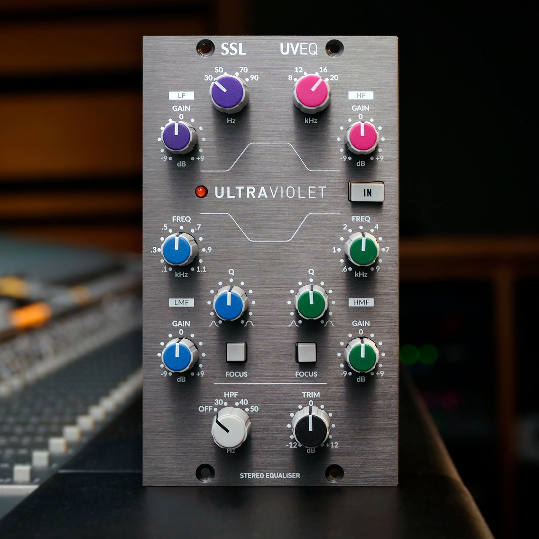 Solid State Logic UltraViolet EQ 500 Series Equalizer promo front view, showing a four-band equalizer module, featuring knobs for high and low shelving/bell filters, plus frequency, gain, and Q controls for all four bands, and a bypass switch.