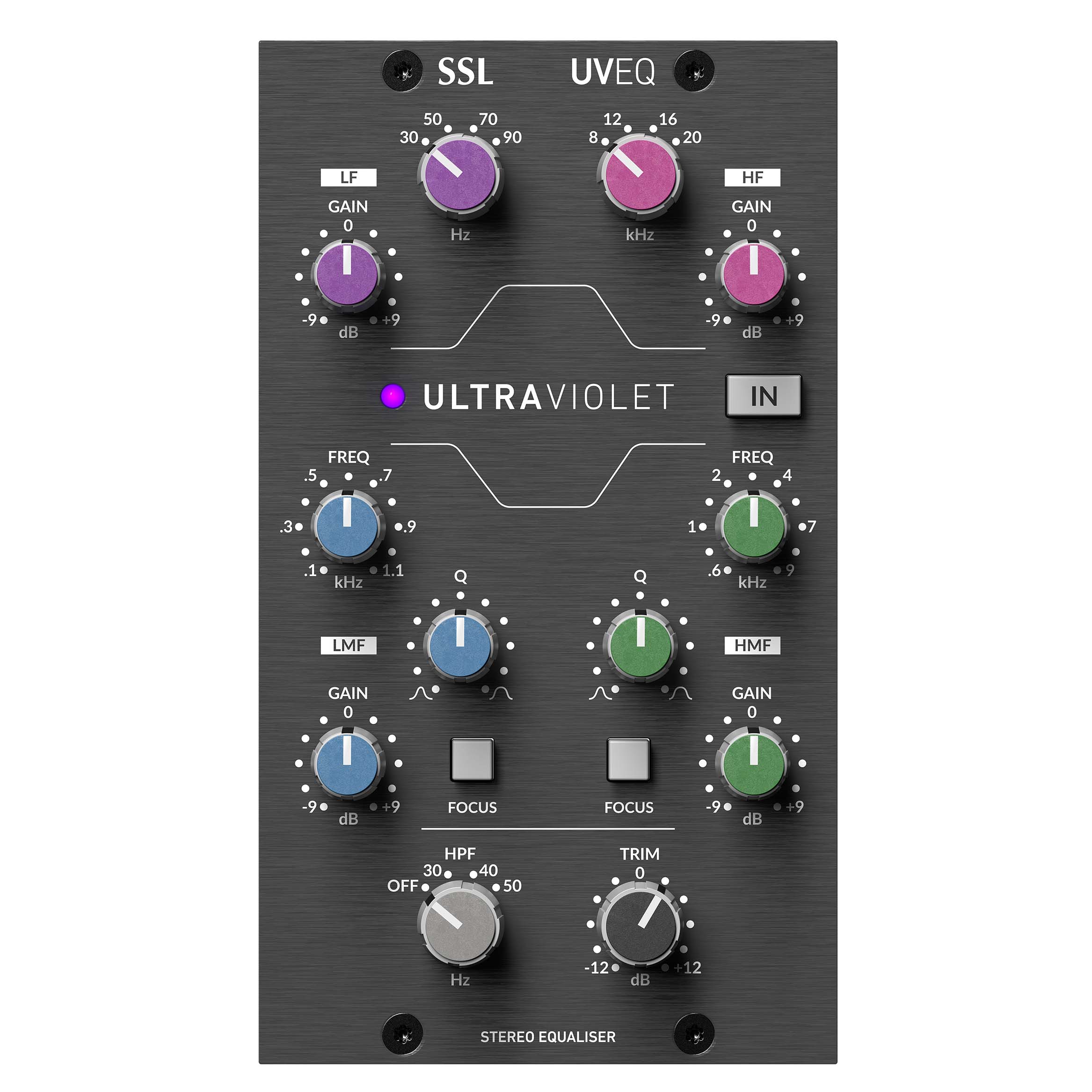 Solid State Logic UltraViolet EQ 500 Series Equalizer front view, showing a four-band equalizer module, featuring knobs for high and low shelving/bell filters, plus frequency, gain, and Q controls for all four bands, and a bypass switch.
