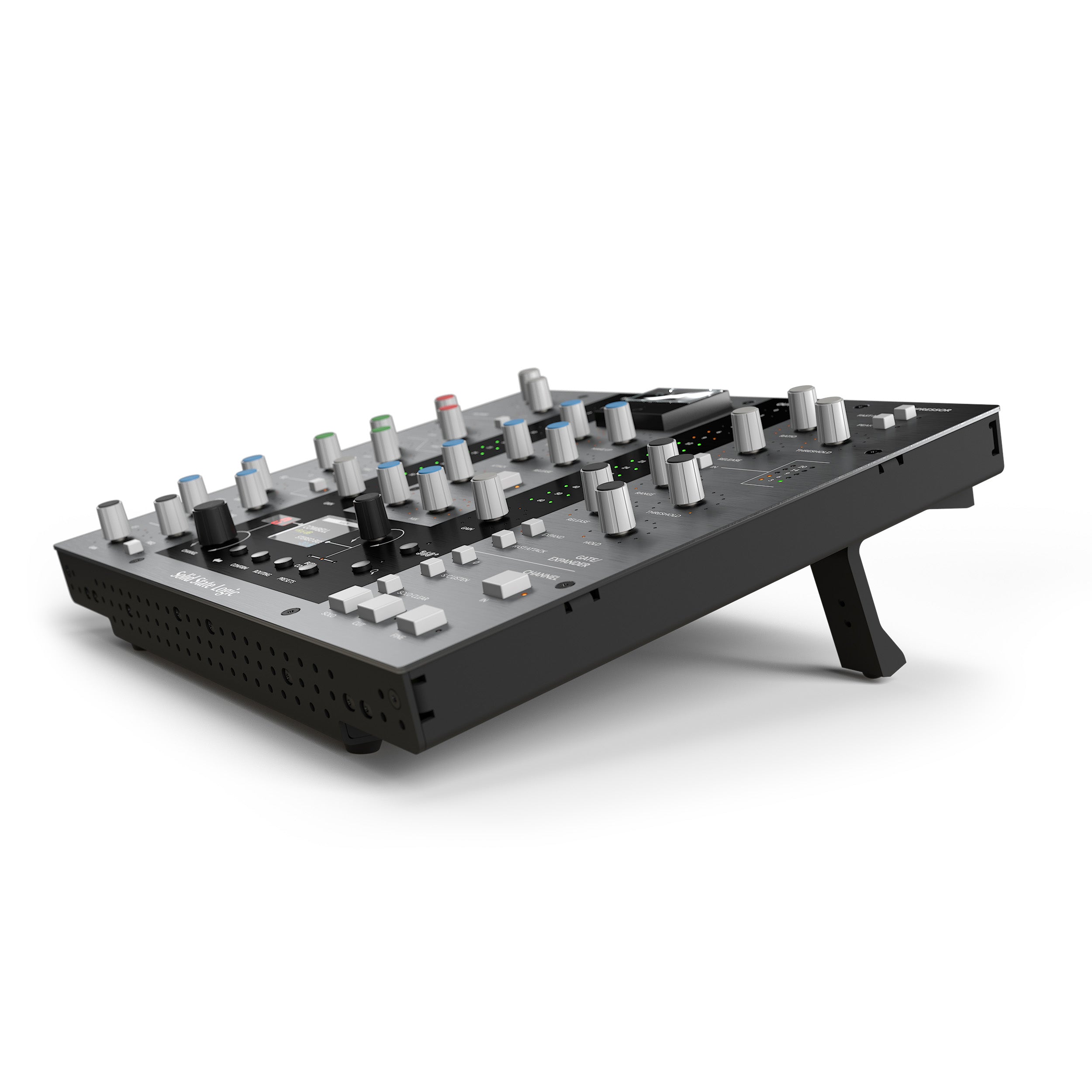 Solid State Logic UC1 Advanced Plug-in Controller angled low view, showcasing its sturdy build quality and built in stand.
