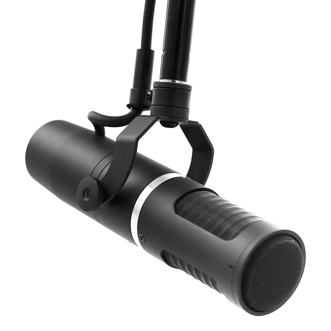 AEA KU5A Supercardioid Ribbon Microphone hanging, showcasing its compact front-address design and unique mic stand mount, ideal for isolating vocals or instruments in studio settings.