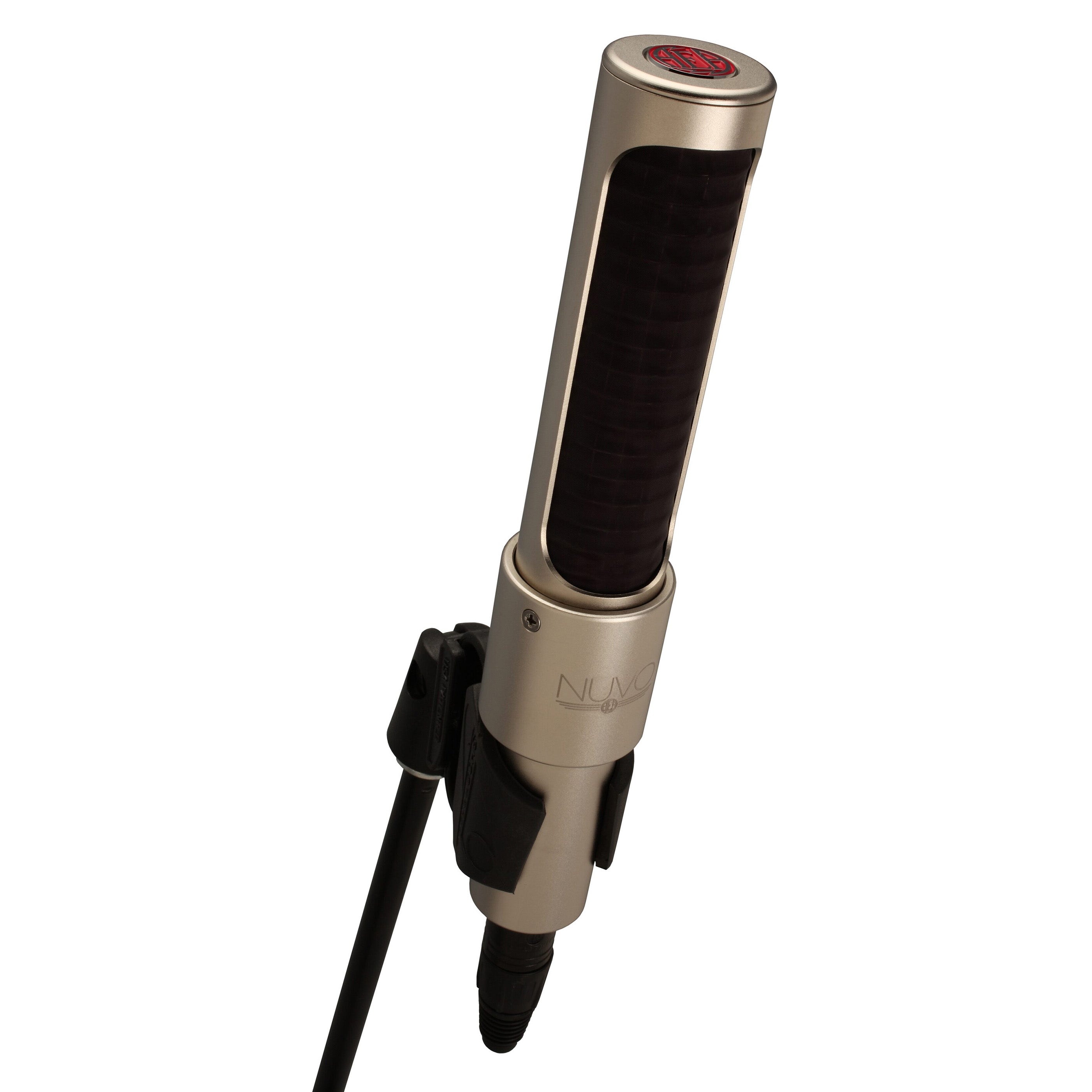 AEA Nuvo N22 Active Ribbon Microphone on a stand, showcasing its modern design, ideal for capturing detailed near-field audio on instruments or vocals in professional studios.